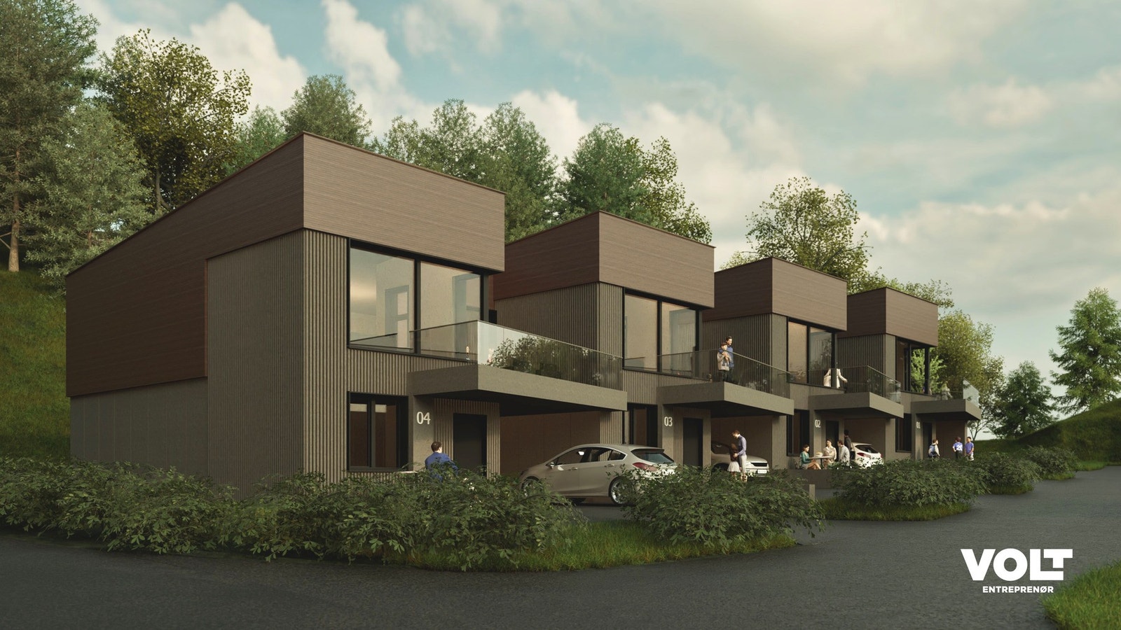 4 rekkehus med carport og parkering i front. Galleribilde