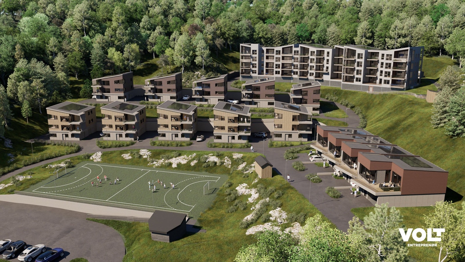 Prosjektet har fokus på fornybar energi med vannbåren varme og solcellepanel som bidrar til rimelig og potensiell overskuddslagring av energi. Galleribilde