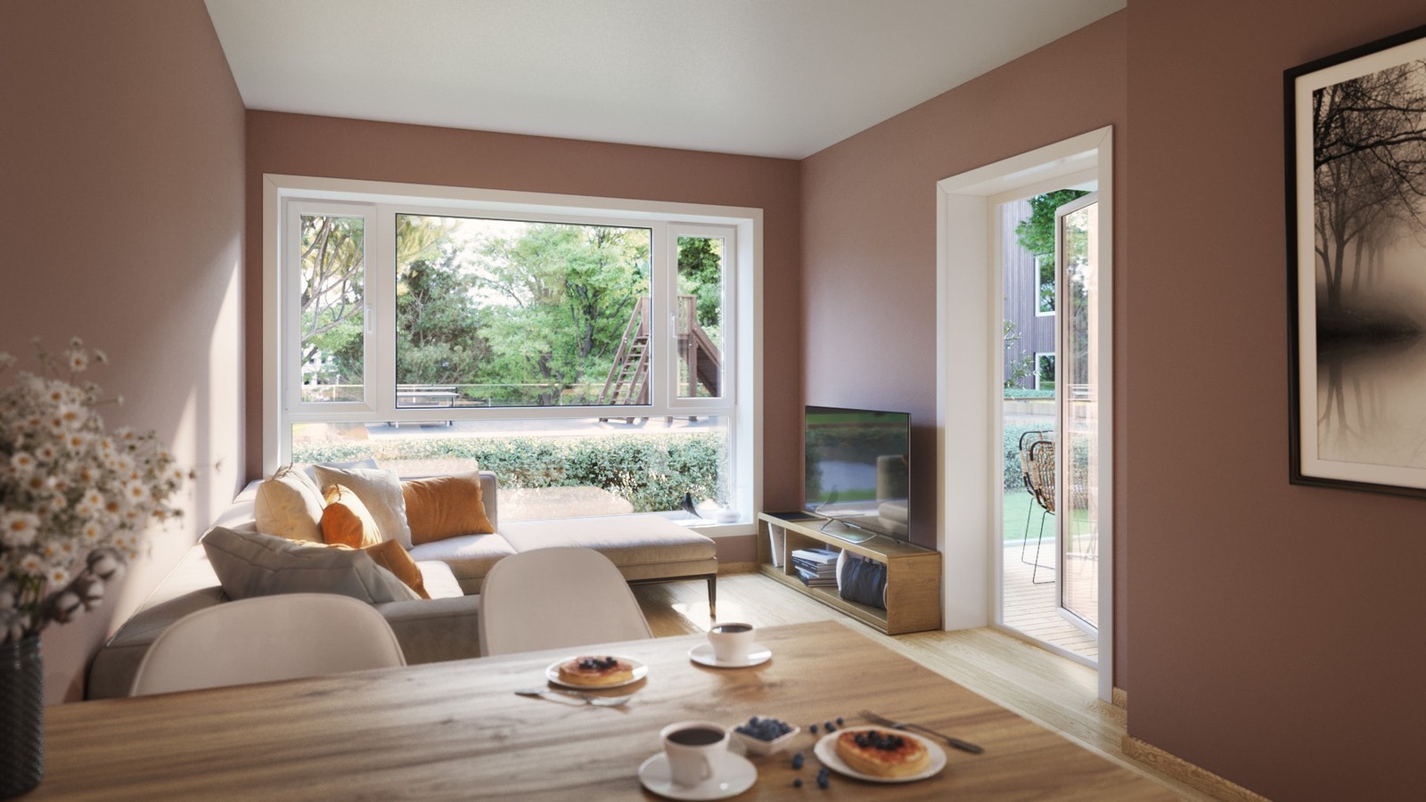 Leiligheten har en god planløsning med en åpen stue - og kjøkkenløsning og store vindusflater. Illustrasjon, avvik vil forekomme. Galleribilde