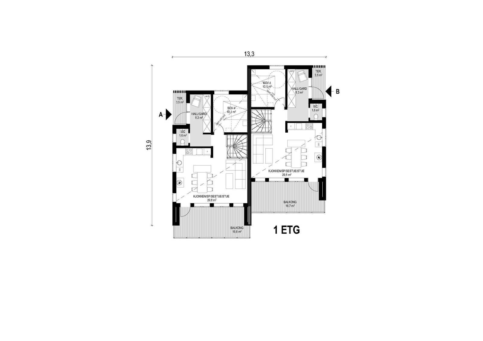 FG 2. 1 etg på leilighet 10A, 10B, 16A og 16B Galleribilde