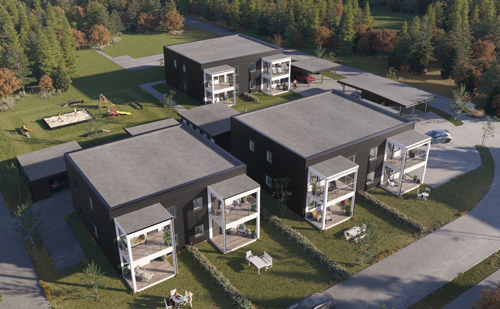 Bustadane ligg fint til. Dette er eit samaige med 12 eigarseksjonar fordelt på tre firemannsbustadar. Galleribilde