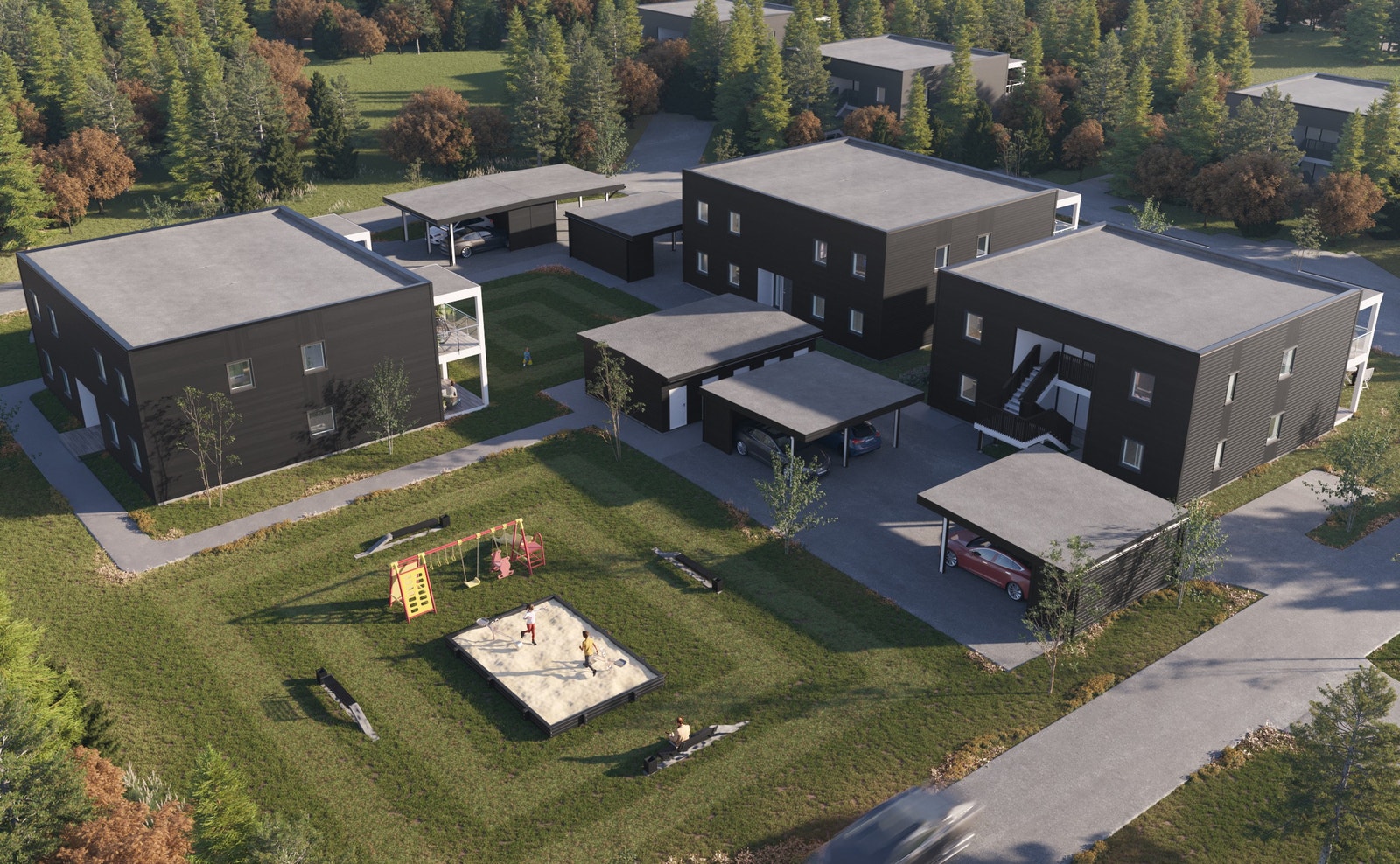 Bustadane ligg fint til. Dette er eit samaige med 12 eigarseksjonar fordelt på tre firemannsbustadar. Galleribilde