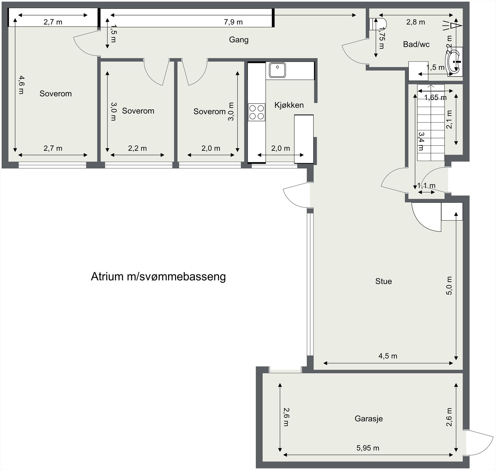 Opprinnelig planløsning med 3 soverom i hovedetasje Galleribilde