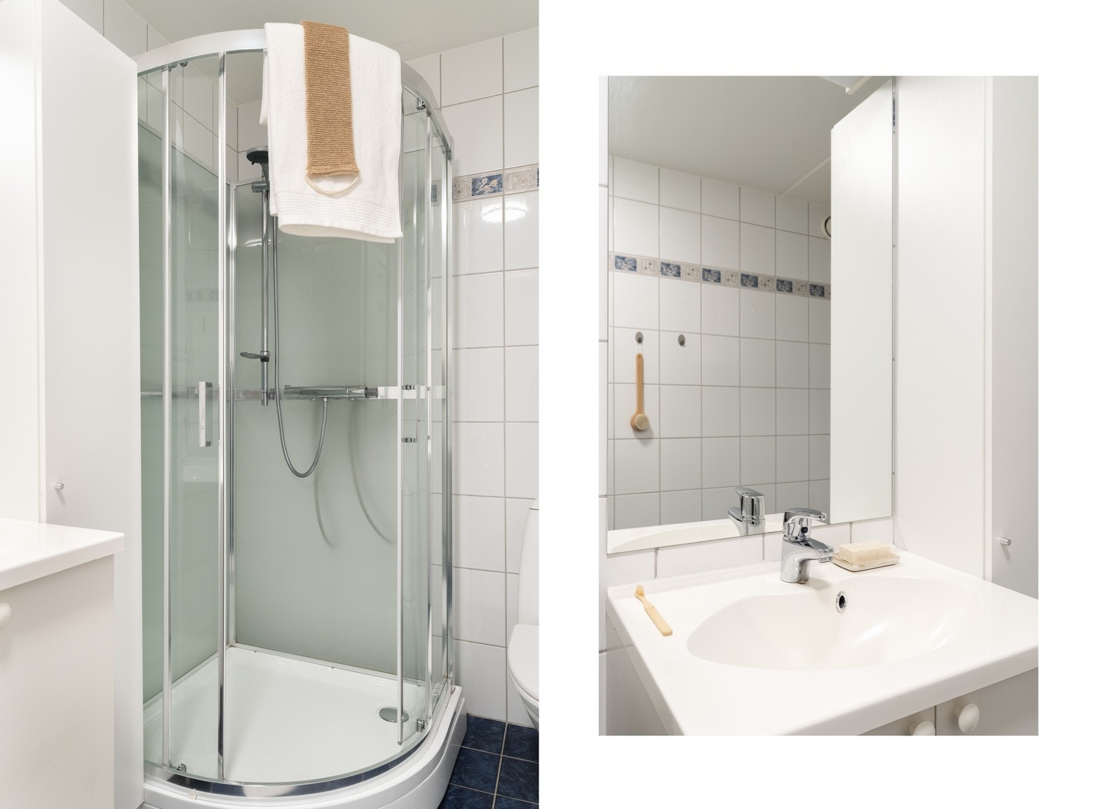 Badet er innredet med dusjkabinett, toalett, baderomsinnredning, varmtvannsbereder og vaskemaskin. Galleribilde