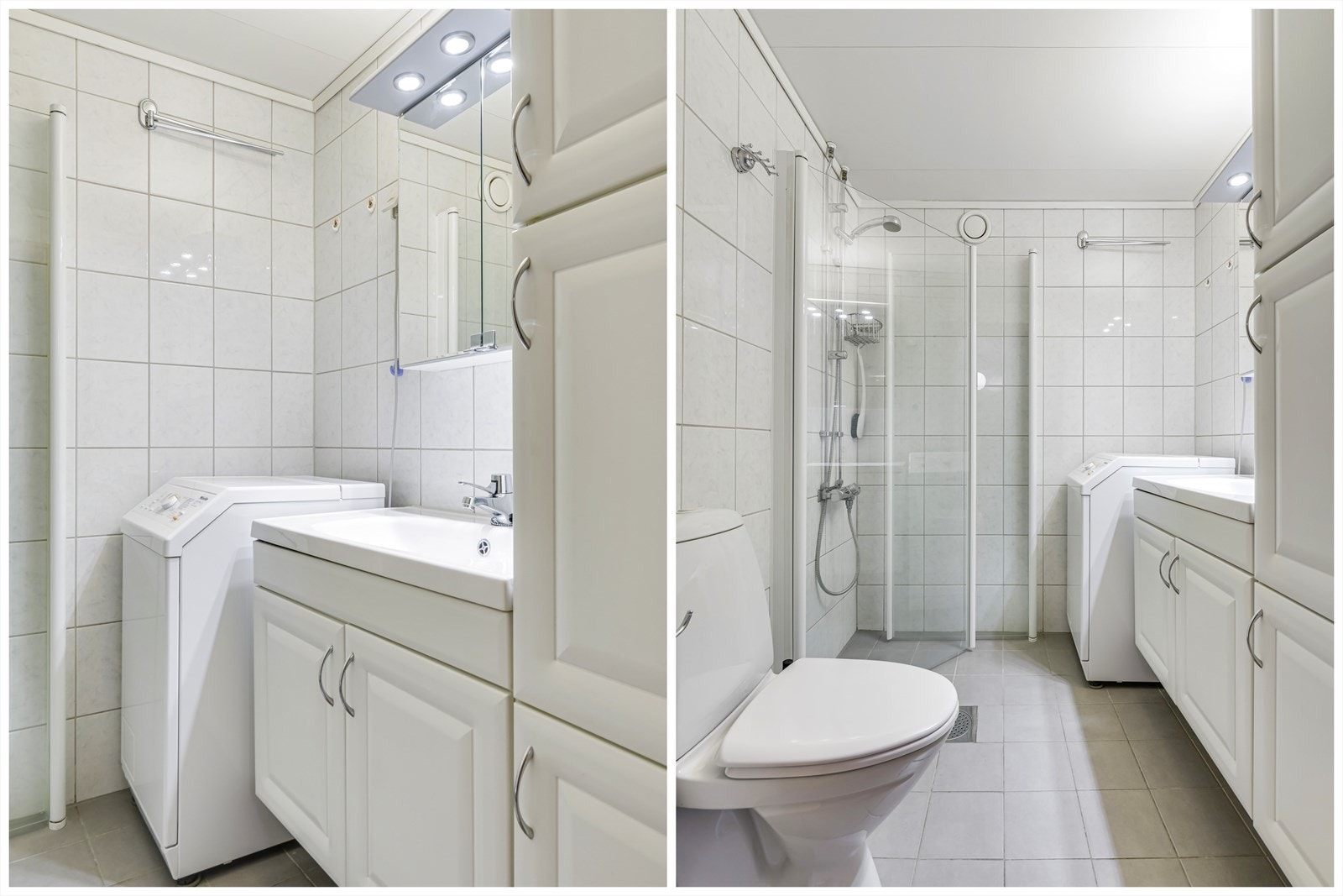 Baderommet er av god størrelse og flisene er lyse og tidløse. Galleribilde