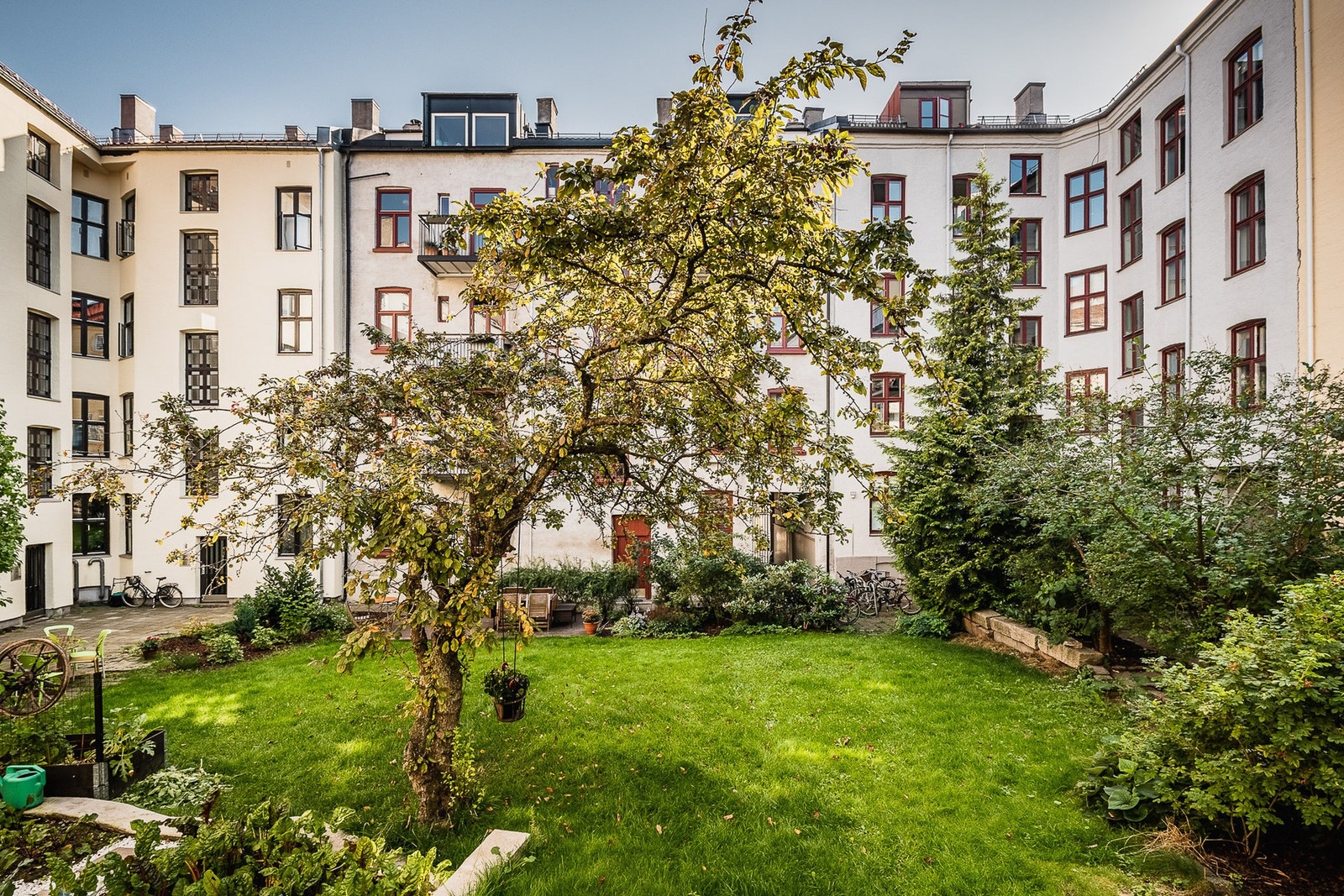 Borettslagets felleshage er et hyggelig sted å tilbringe tid på varme sommerdager. Idyllisk, frodig og hyggelig. Galleribilde