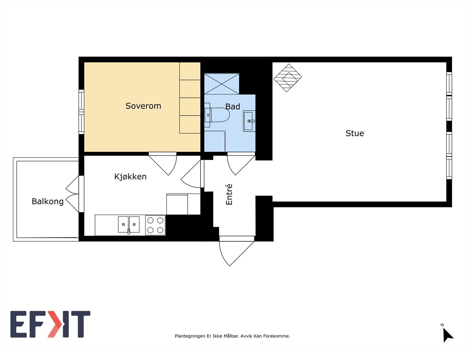 Boligens planløsning viser et soverom og åpen stue/kjøkkenløsning Galleribilde
