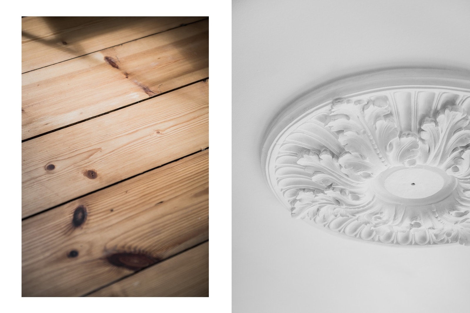 Klassiske detaljer med heltre furugulv og rosett. Galleribilde