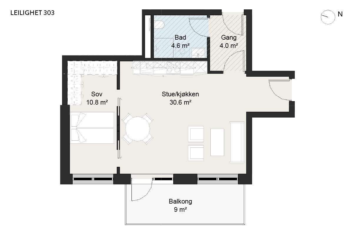 Plantegning av leilighet 303 i 3. etasje. Galleribilde