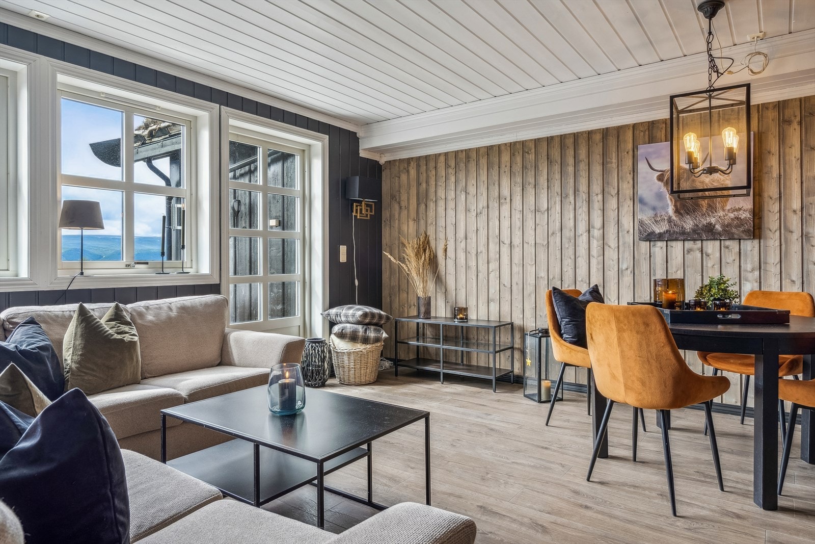 Stuen har plass til en romslig sofa, og en spisegruppe for små og store lag. Galleribilde