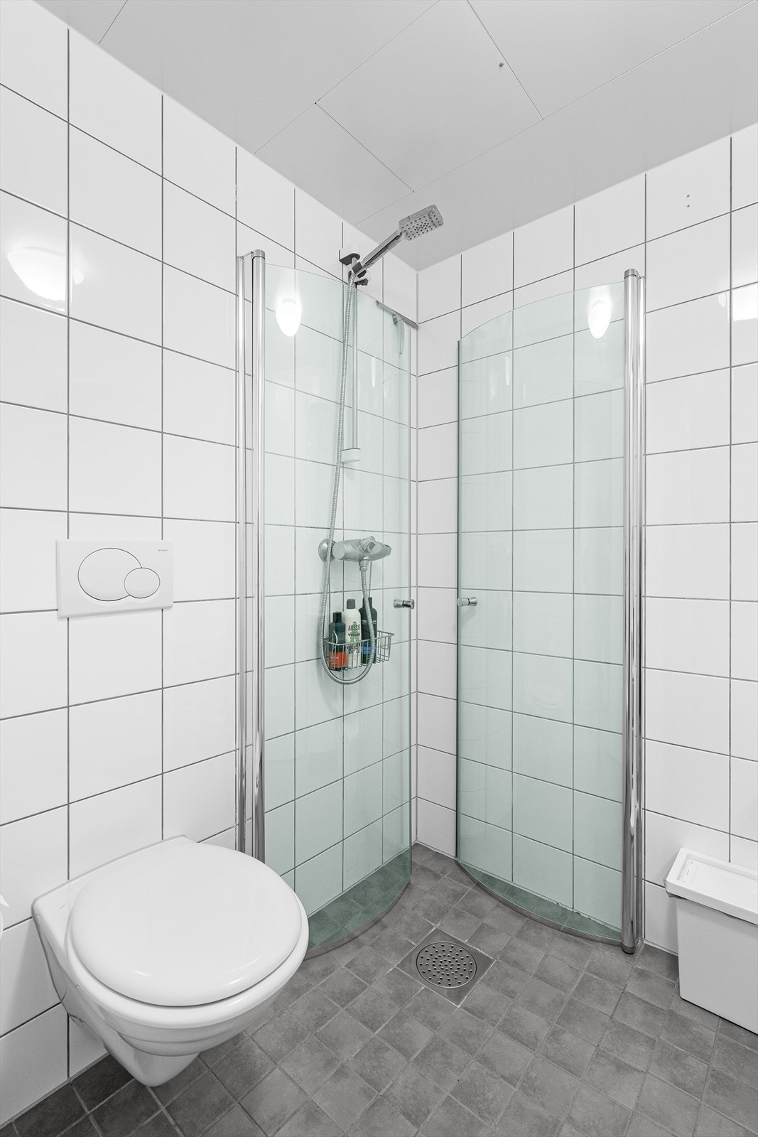 Badet har stedbygd dusj, seksjon m/servant, vegghengt toalett Galleribilde