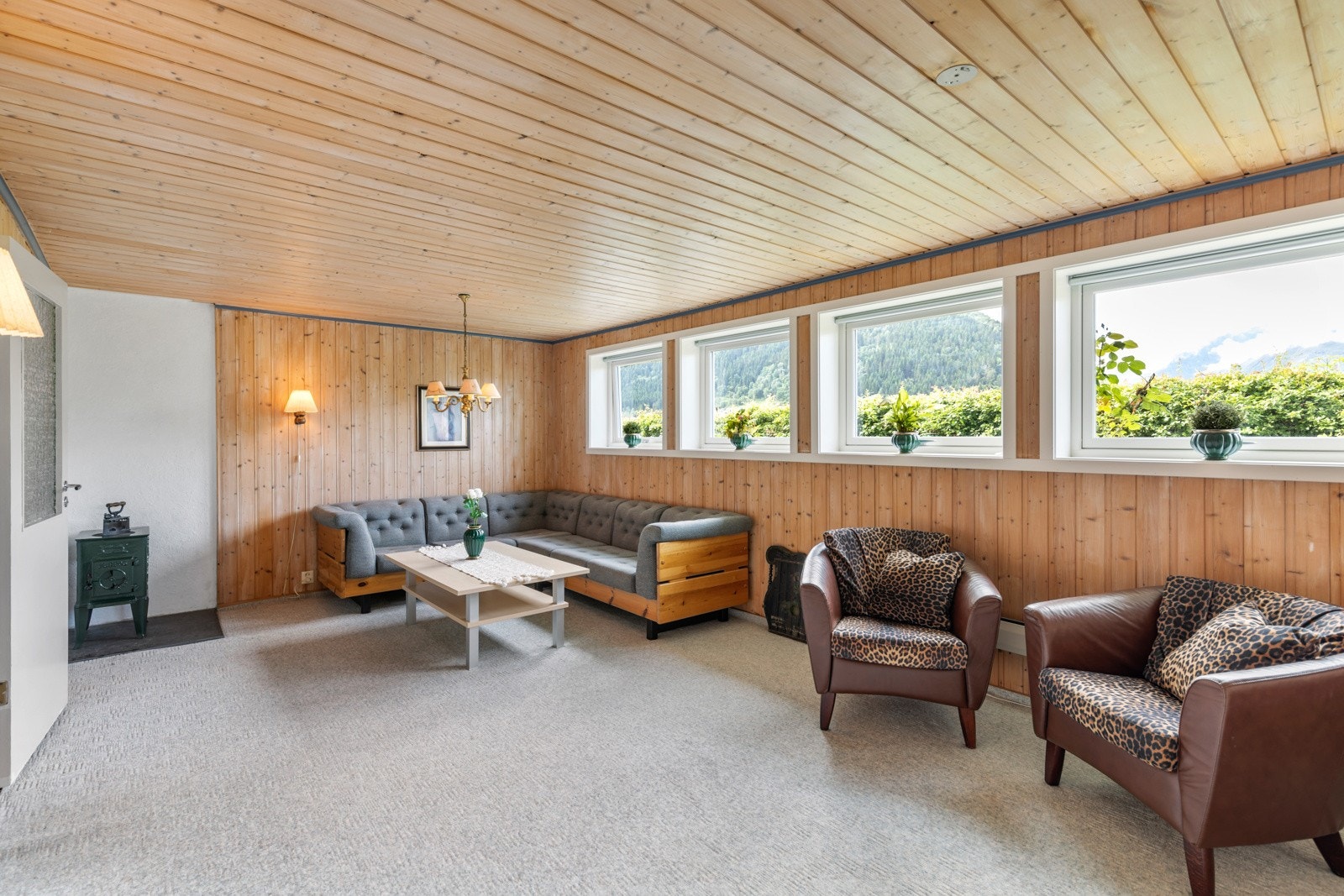 Kjellerstue/soverom som ligger i front av boligen og har teppe på gulv og panel på vegger. Rommet har god størrelse og oppvarming fra vedovn og panelovn. Vinduene ble skiftet i 2015. Galleribilde