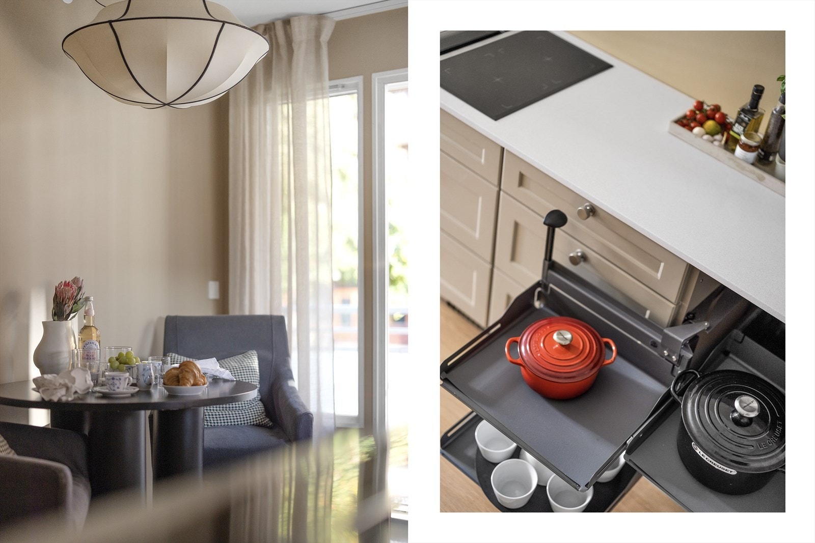 Snekkerbygget kjøkken med mange smarte funksjoner som bla. utrekkbare skuffer Galleribilde