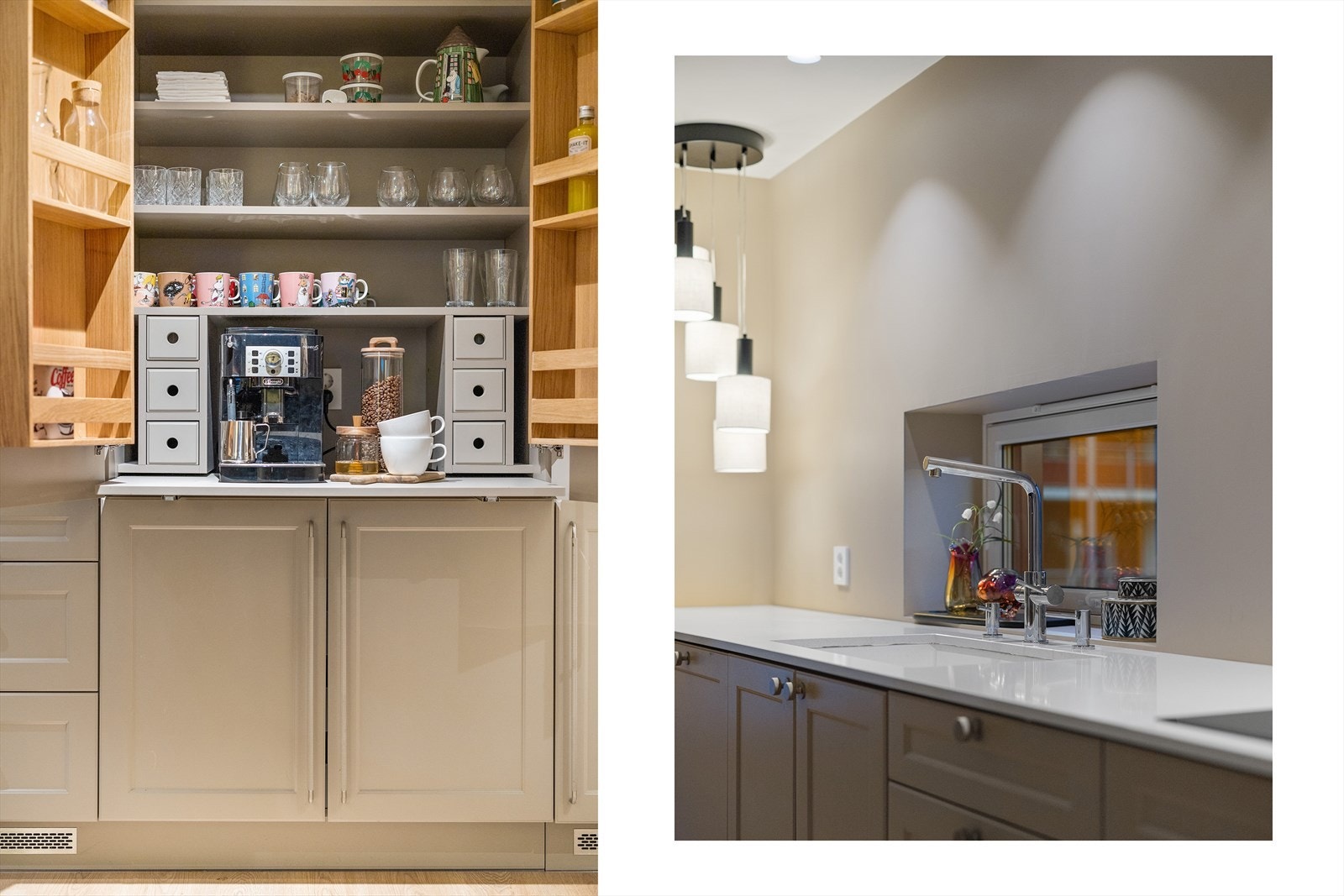 Hotellskap med stikkontakt for smart oppbevaring av kaffemaskin eller andre elektriske artikler Galleribilde