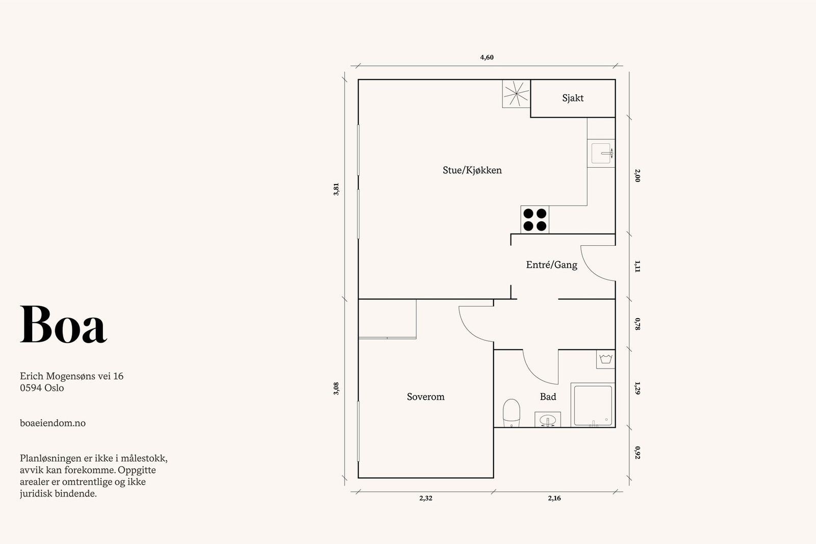 8. etasje: Entré/gang, bad, soverom og stue/kjøkken.
Leiligheten disponerer en kjellerbod på ca. 2,6kvm.
Felles barnevognbod og sykkelbod på inngangsplan. Galleribilde