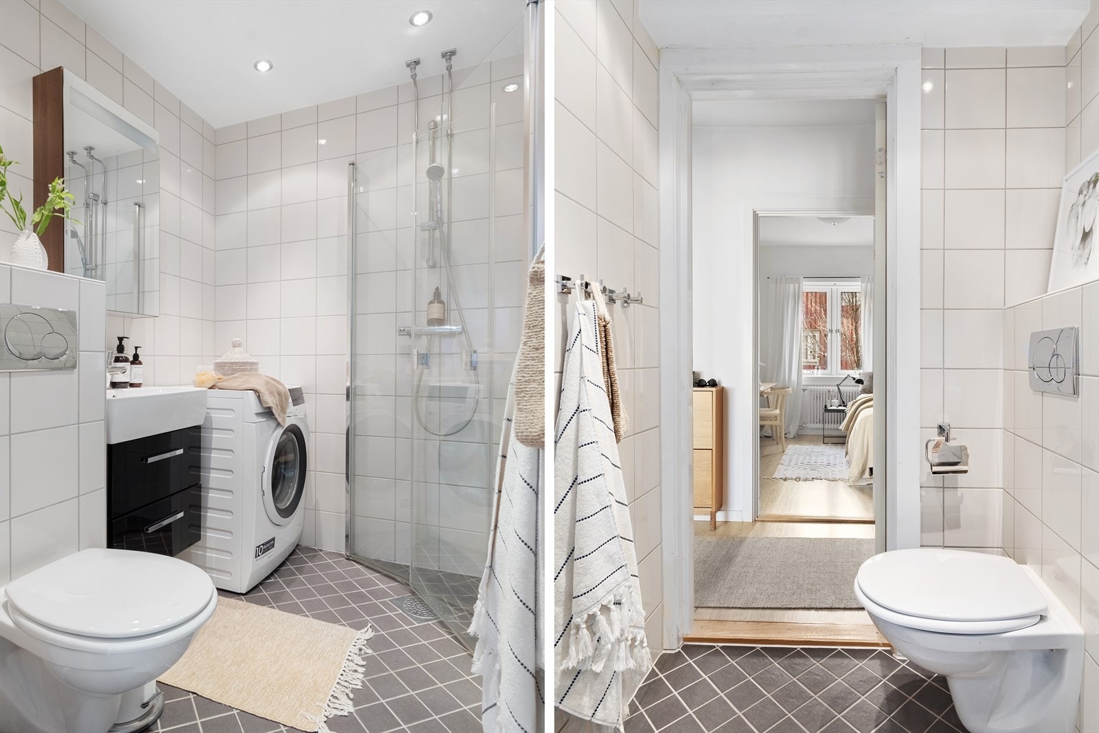 Pent flislagt bad fra 2009/2010 med plass til vaskemaskin. Badet ble pusset opp i regi av borrettslaget og det foreligger dokumentasjon og ferdigattest Galleribilde