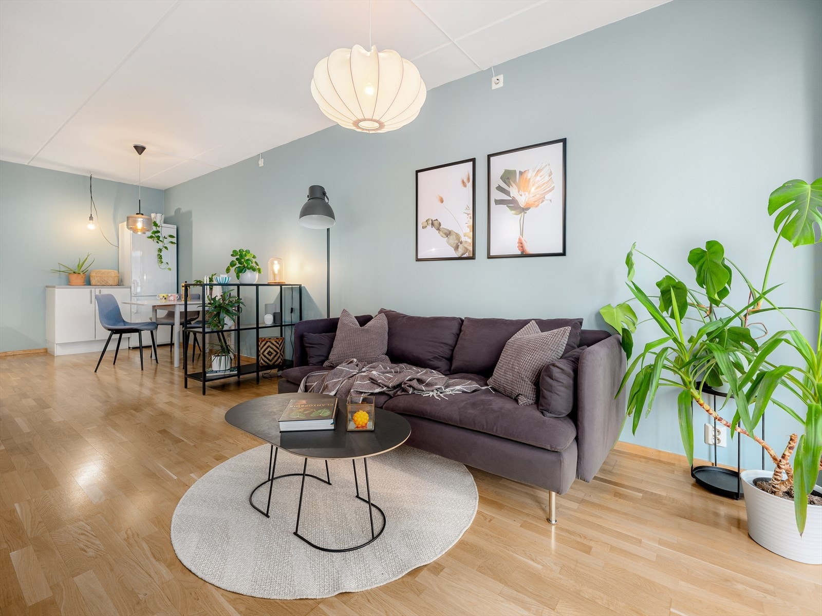 Her er det god plass til en sofagruppe. Setter du inn en hylle slik det er gjort her fungerer dette ypperlig som en romdeler mot kjøkkenet. Galleribilde