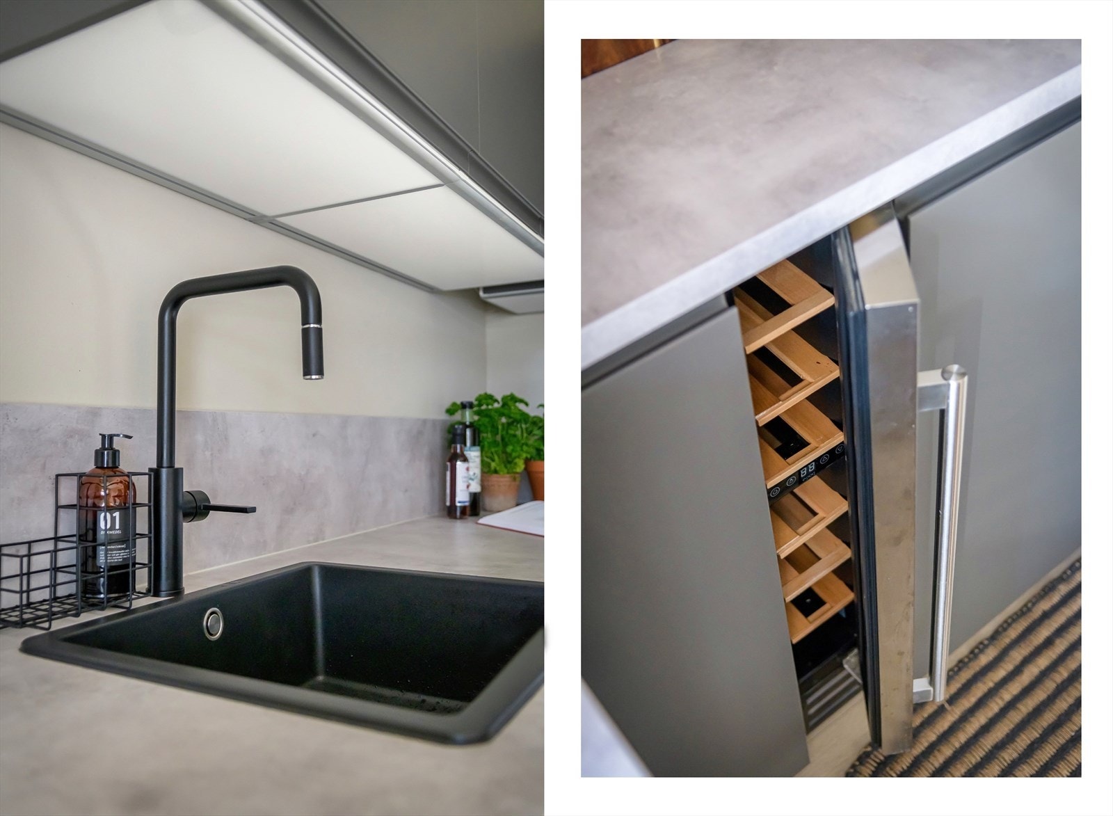 Integrert i innredningen er induksjon platetopp, stekeovn, oppvaskmaskin, vinskap/kjøl og kjøl/frys. Galleribilde