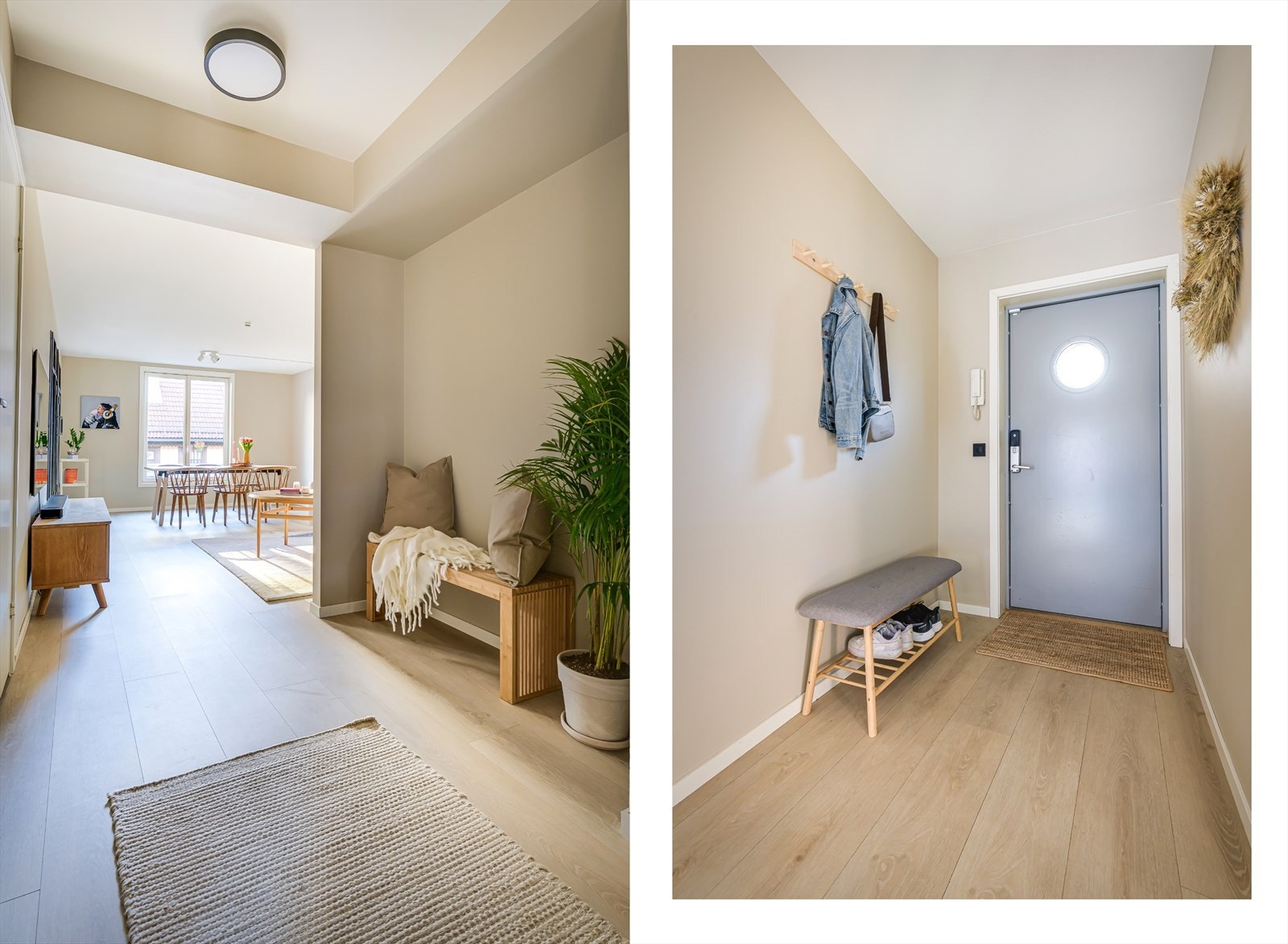 Inngangspartiet gir et godt førsteinntrykk av leiligheten. Her har du god plass til å henge fra deg yttertøyet og sette fra deg skoene. Galleribilde