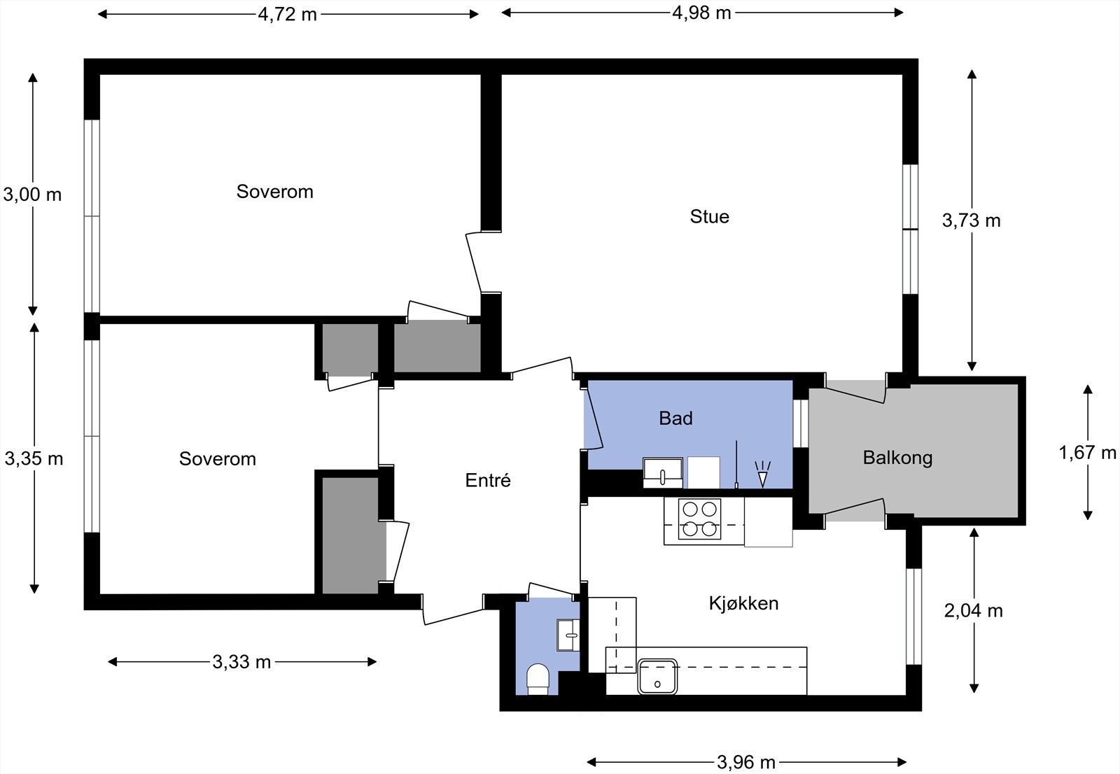 Plantegning fra takstmann. Leiligheten inneholder entré, kott, stue, kjøkken, to soverom og bad. Balkong fra stue og kjøkken. To boder for lagring. Galleribilde