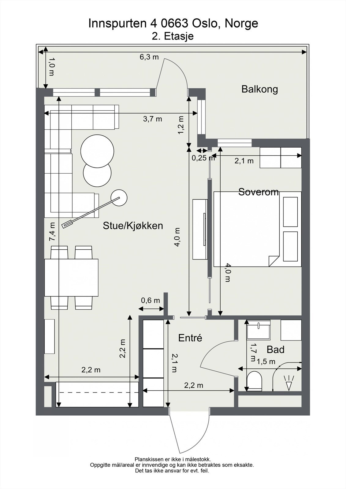 Boligen er på 43 m² og inneholder entré, kjøkken/stue, soverom og bad Galleribilde