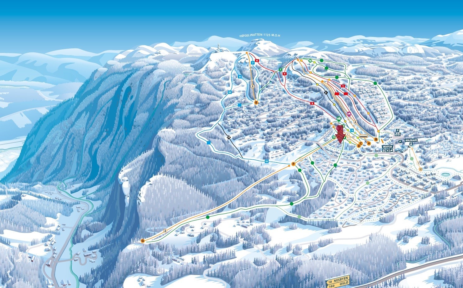 Her ligger du midt i det pulserende hjertet av Nesfjellet - NB! Kartet avviker noe (heis G er ikke etablert) Galleribilde