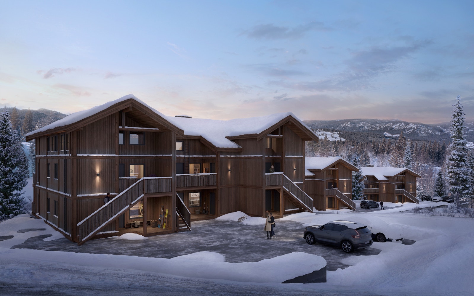 3D-bilde av hele prosjektet med alle tre bygninger Galleribilde