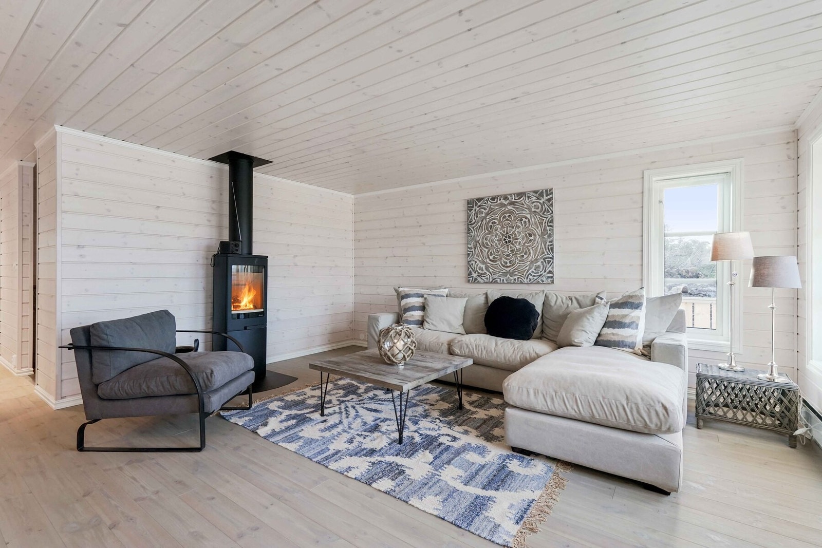 Stue/kjøkken er på hele 37m2 og med god plass til familie og venner. Foto fra en tilsvarende hytte. Galleribilde