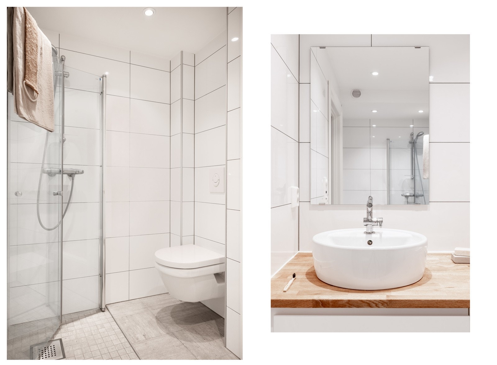 Badet er innredet med dusj m/glassvegger, vegghengt toalett og delikat baderomsinnredning. Galleribilde