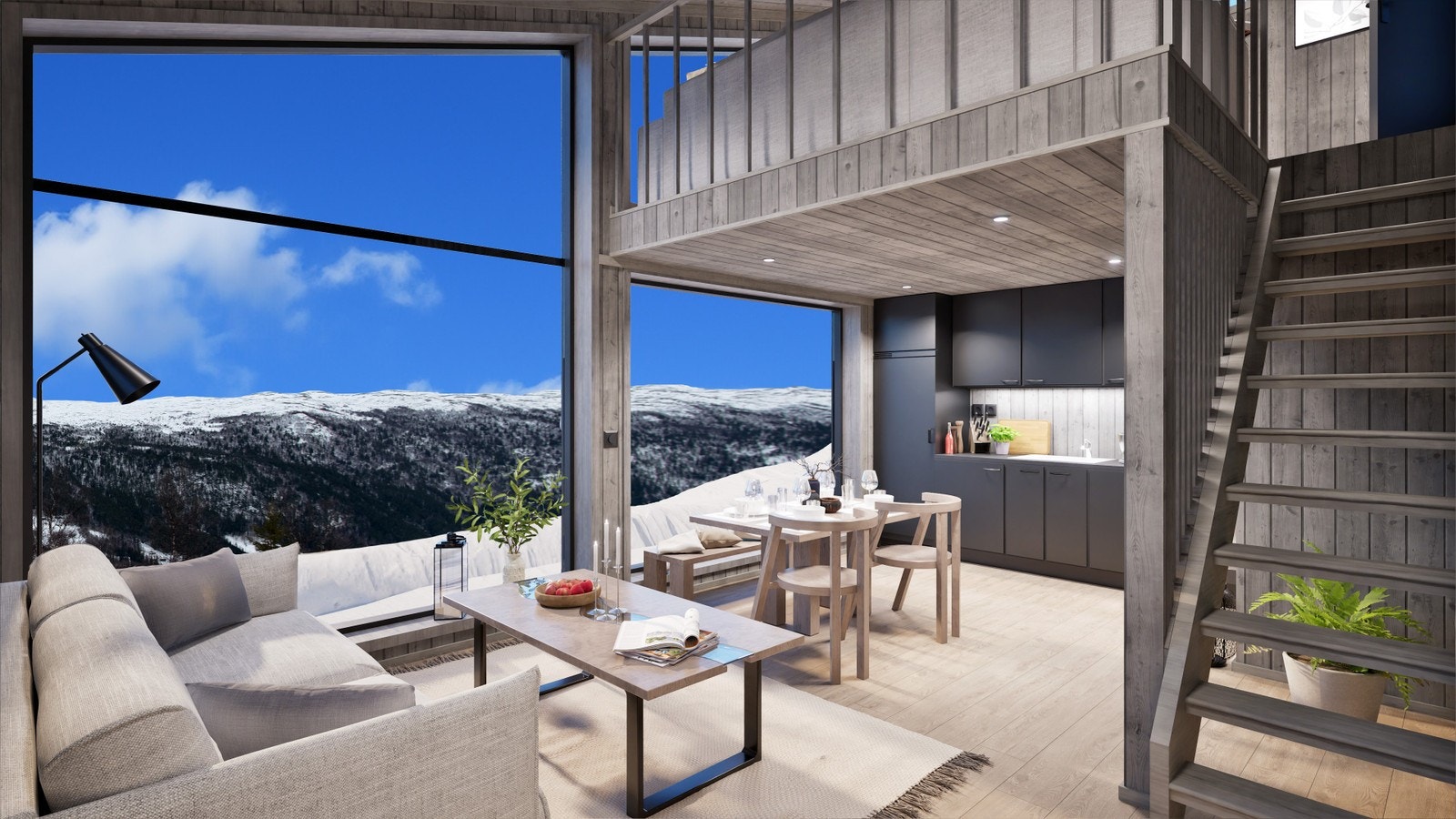 Utsikt fra tomt nummer tre (illustrasjon av stue)
Kr 1.990.000 for tett utvendig hytte Galleribilde