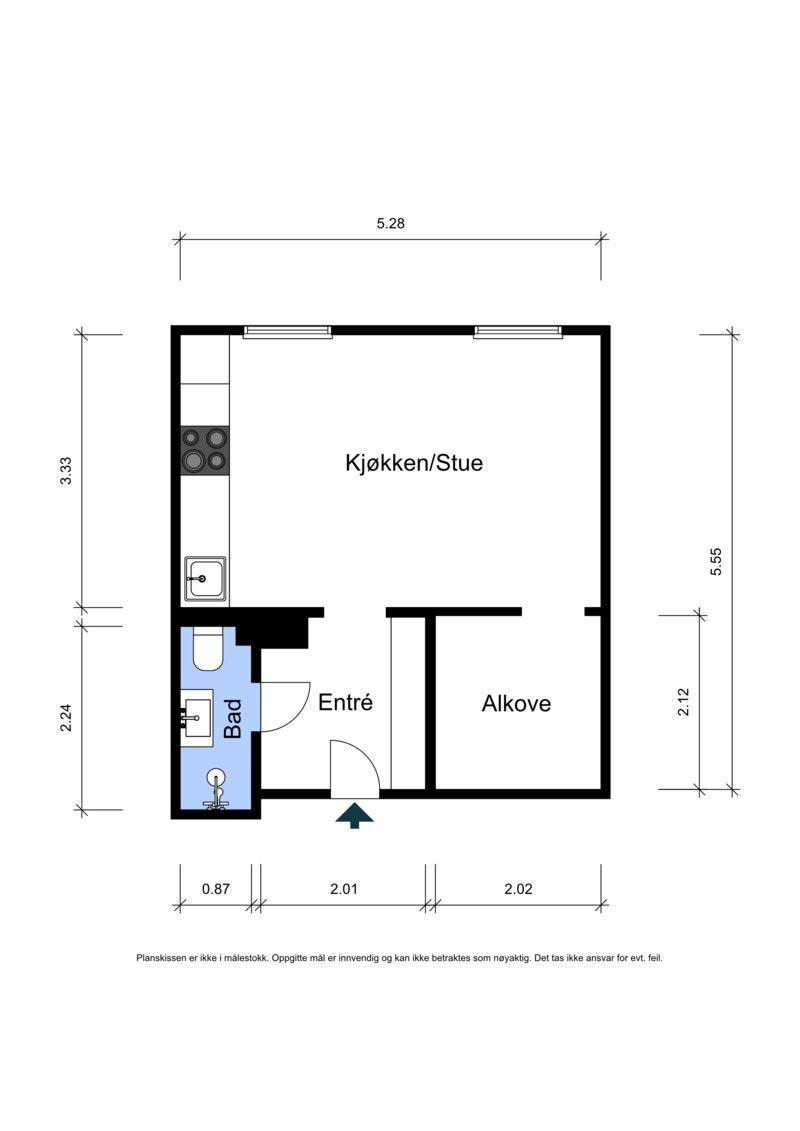 Effektiv planløsning med entré, bad, stue, kjøkken og sovealkove Galleribilde