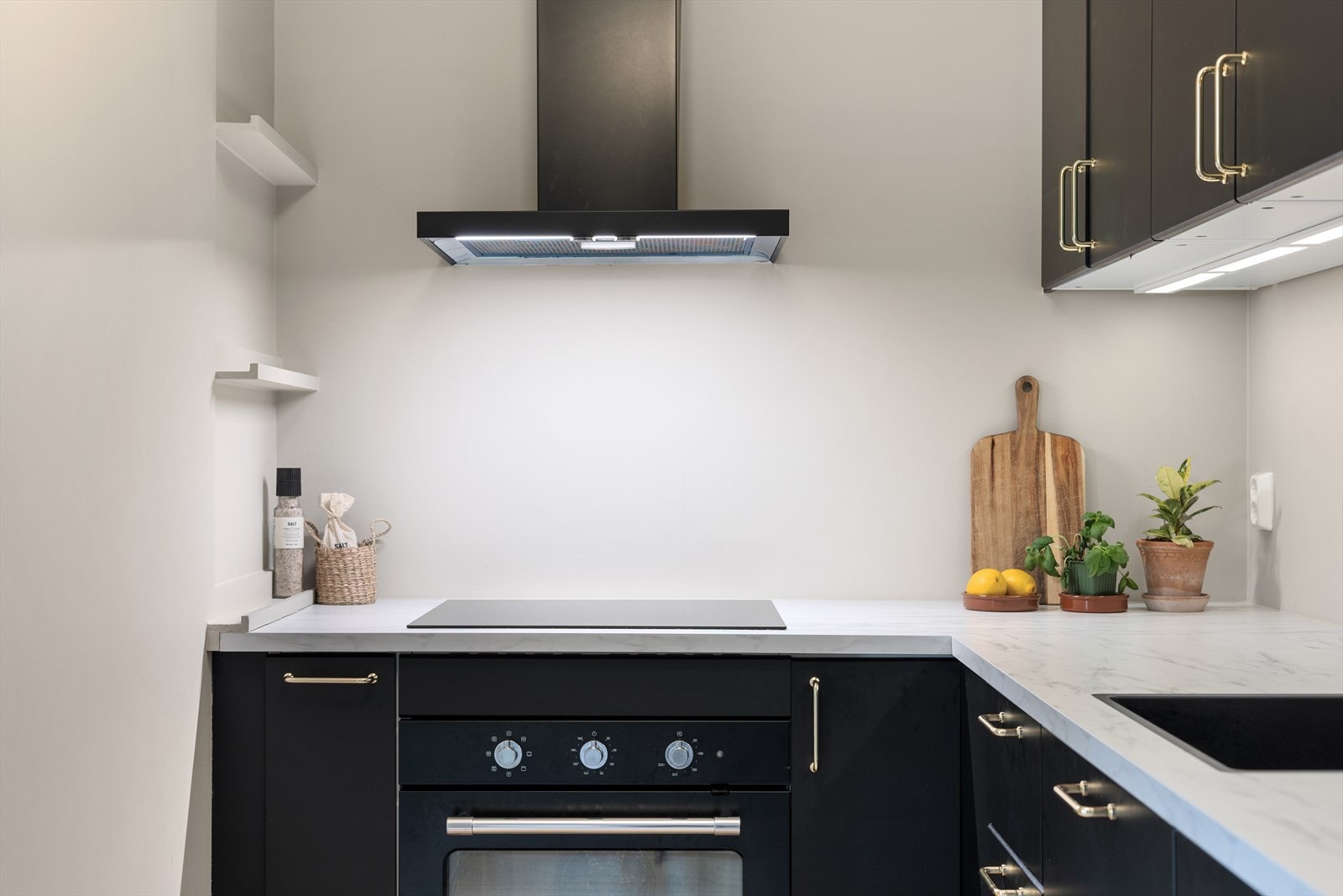 Integrert induksjonstopp, stekeovn, micro, oppvaskmaskin og kjøl-/fryseskap. Kullfilterventilator over kokeplass. Galleribilde