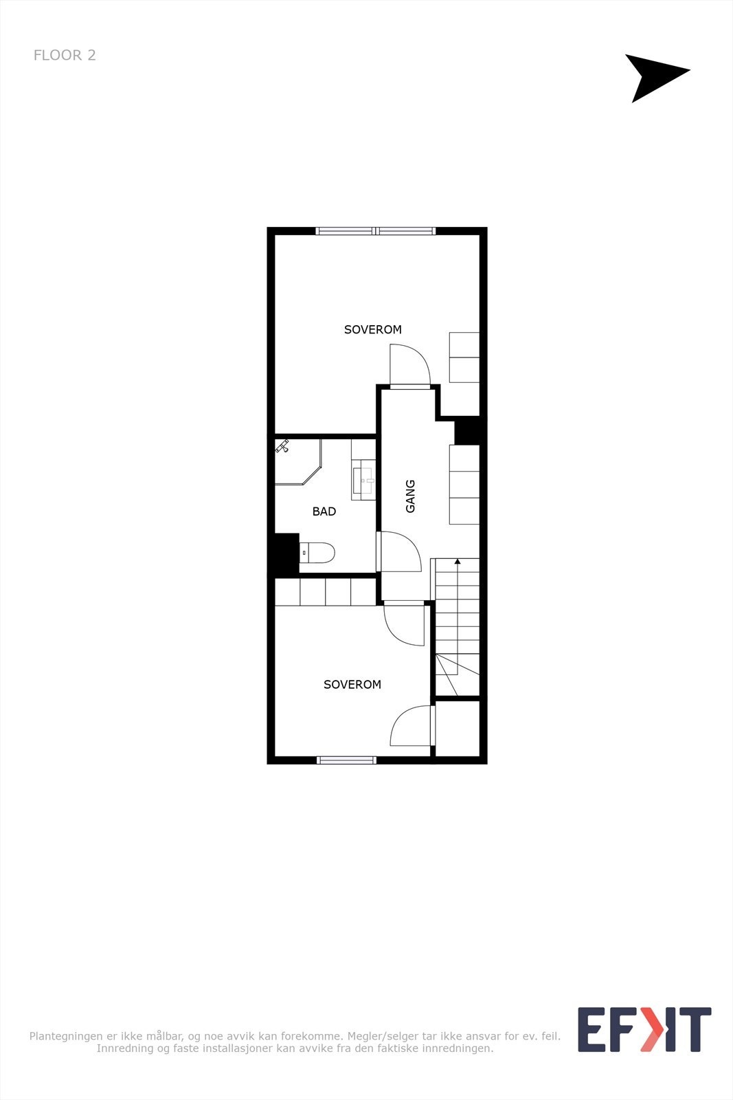 Her har du anledning til å etablere 3 soverom om du skulle ønske dette. Soverommet øverst i bildet har opprinnelig vært 2 rom. Galleribilde