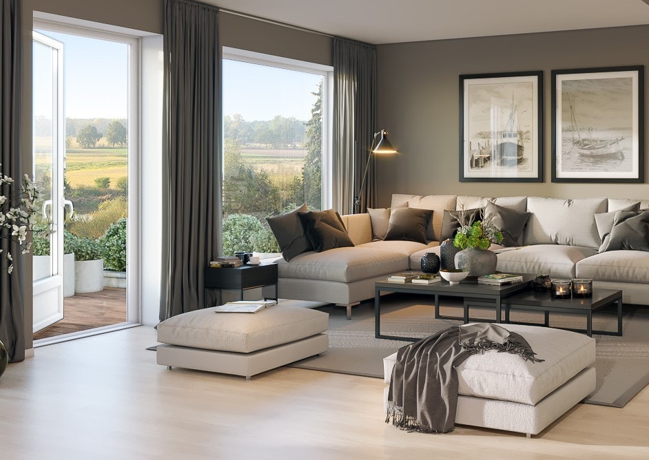 Koselig stueområde med store vinduer. Galleribilde