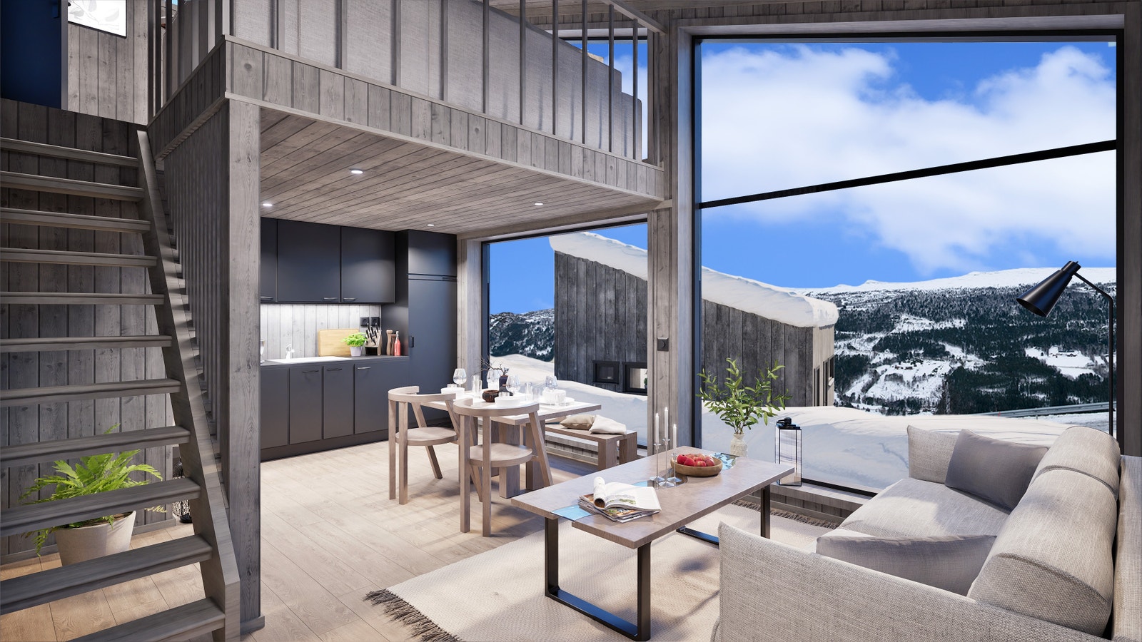 Utsikt fra tomt nummer 4 (illustrasjon av stue)
Hytte nummer fire (4): Kr 1.940.000 Galleribilde