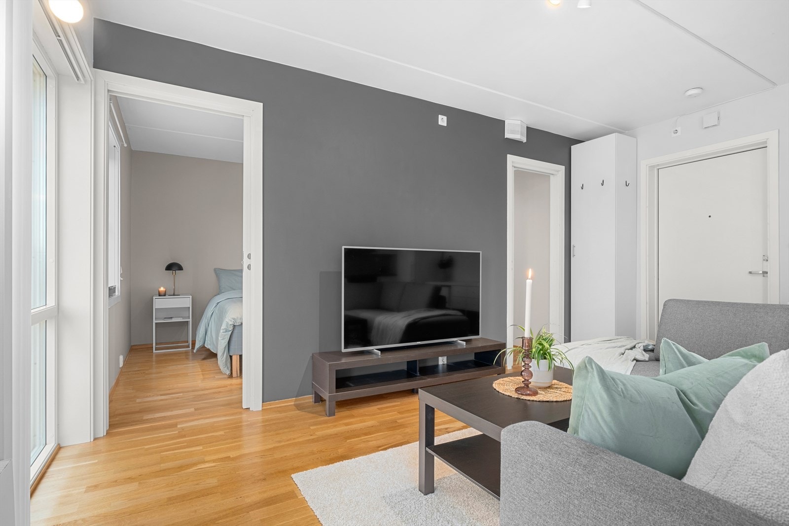 Her får du en romslig stue- og kjøkkenløsning på 23 m² med god plass til en rekke møbleringsalternativer. Galleribilde