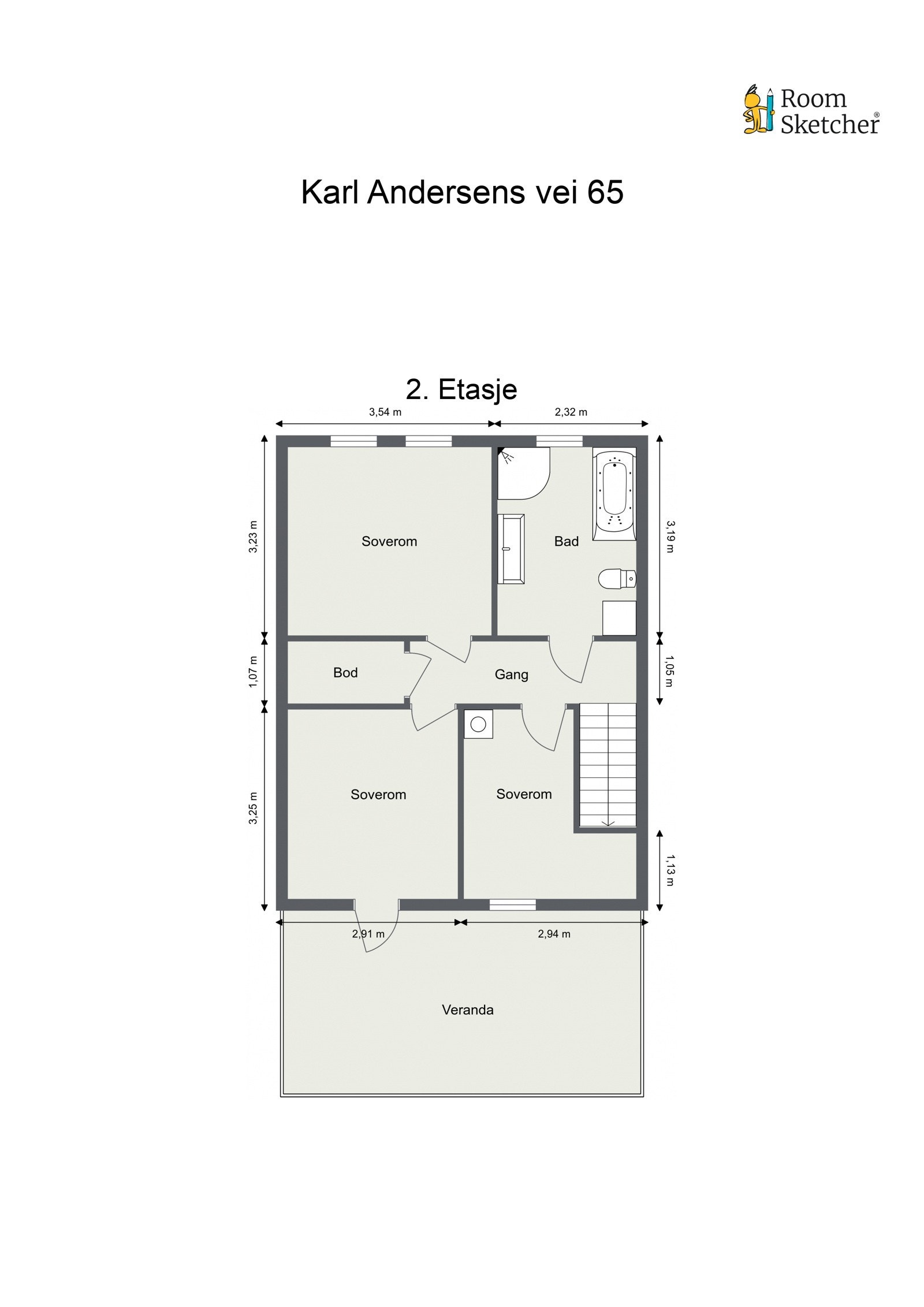 Planløsning 2.etg: Bad, gang, innvendig bod og tre soverom. Galleribilde