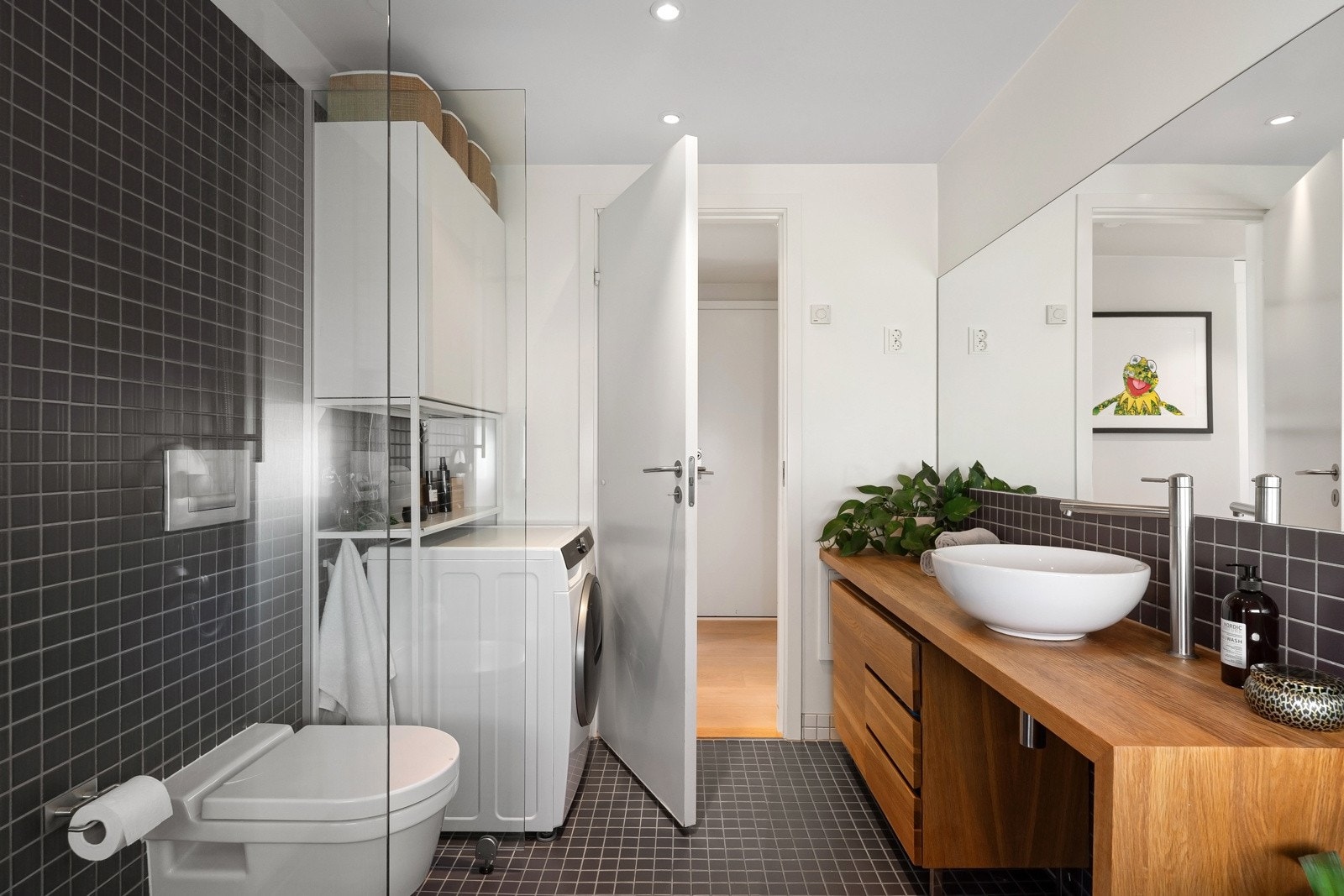 Skjult opplegg for vaskesøyle bak døren. Galleribilde