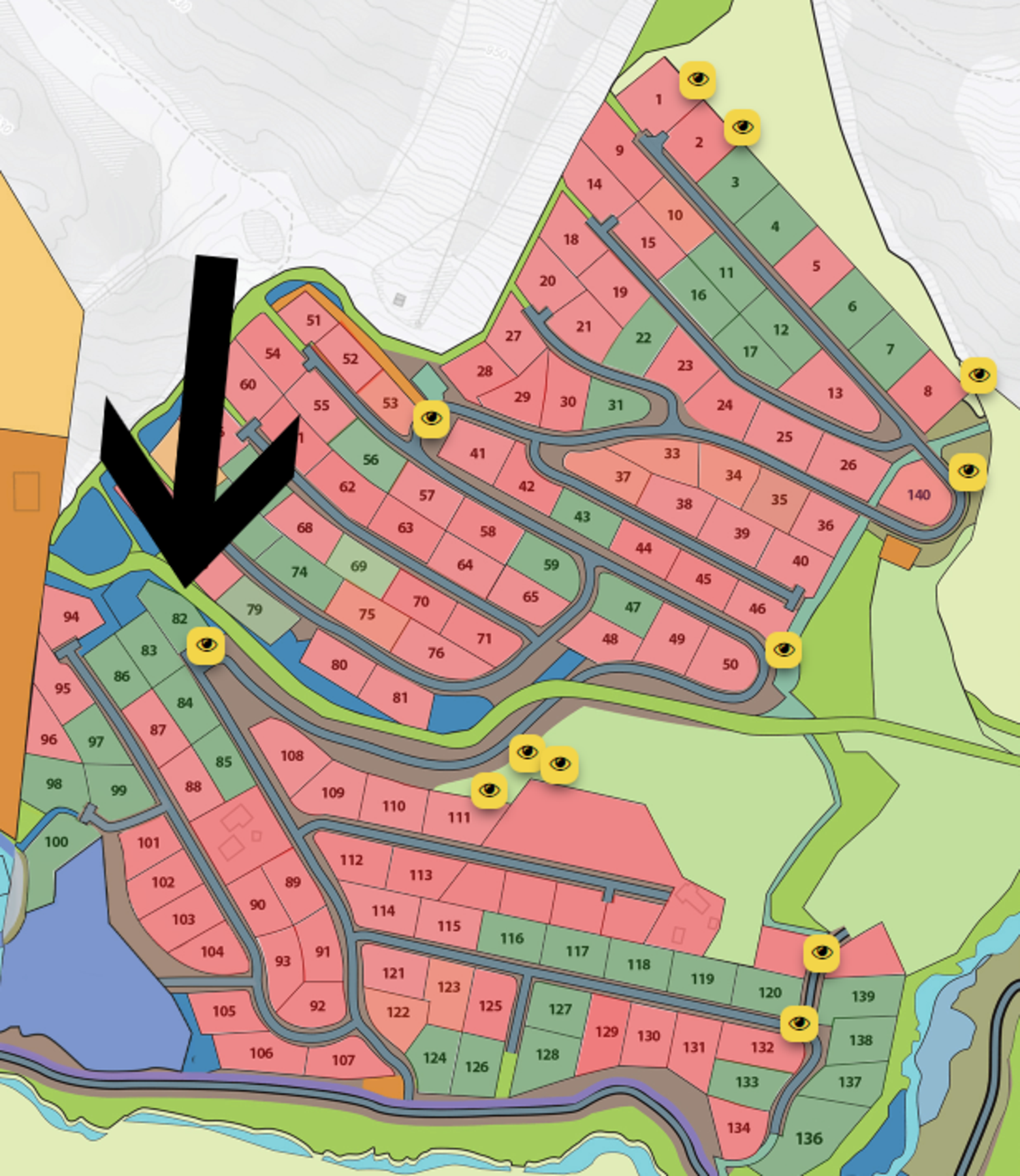Tomtekart Fjellsteggen, med tomt 82 markert Galleribilde