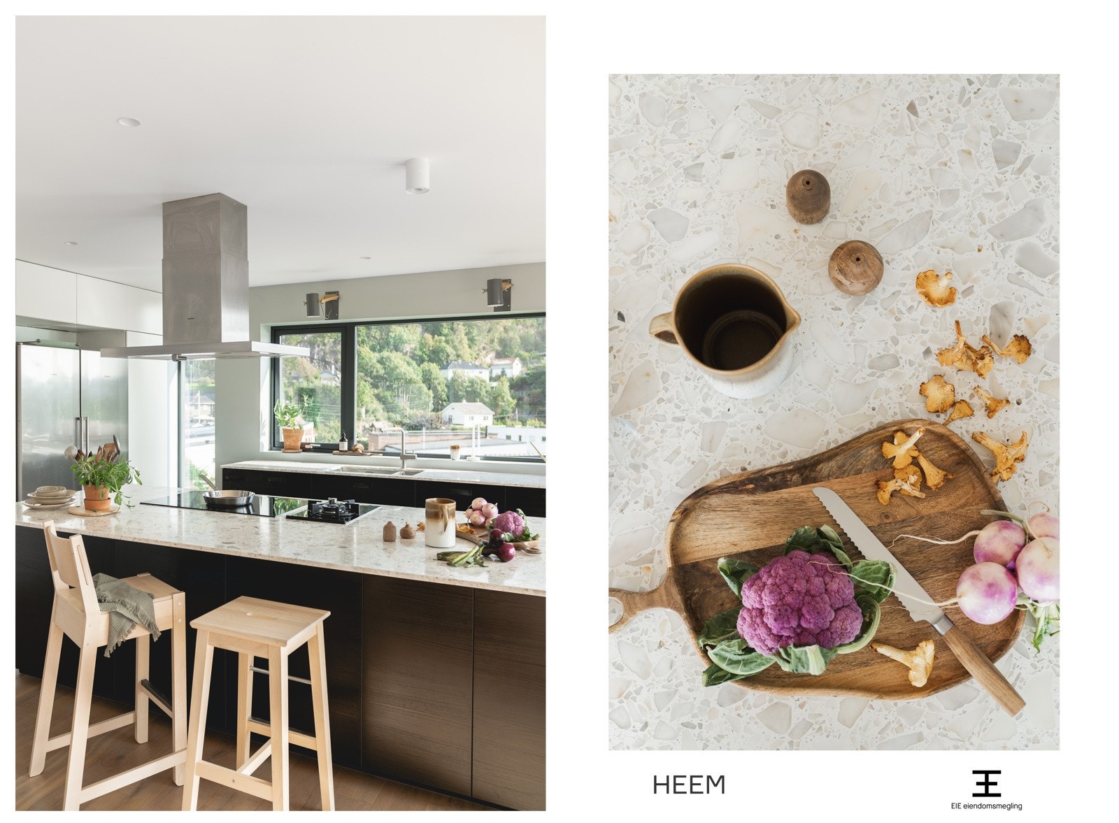 Benkeplaten er av Calacatta Terazzo. Dette er en kunststein som inneholder biter og bruddstykker av hvit Calacatta marmor. Galleribilde