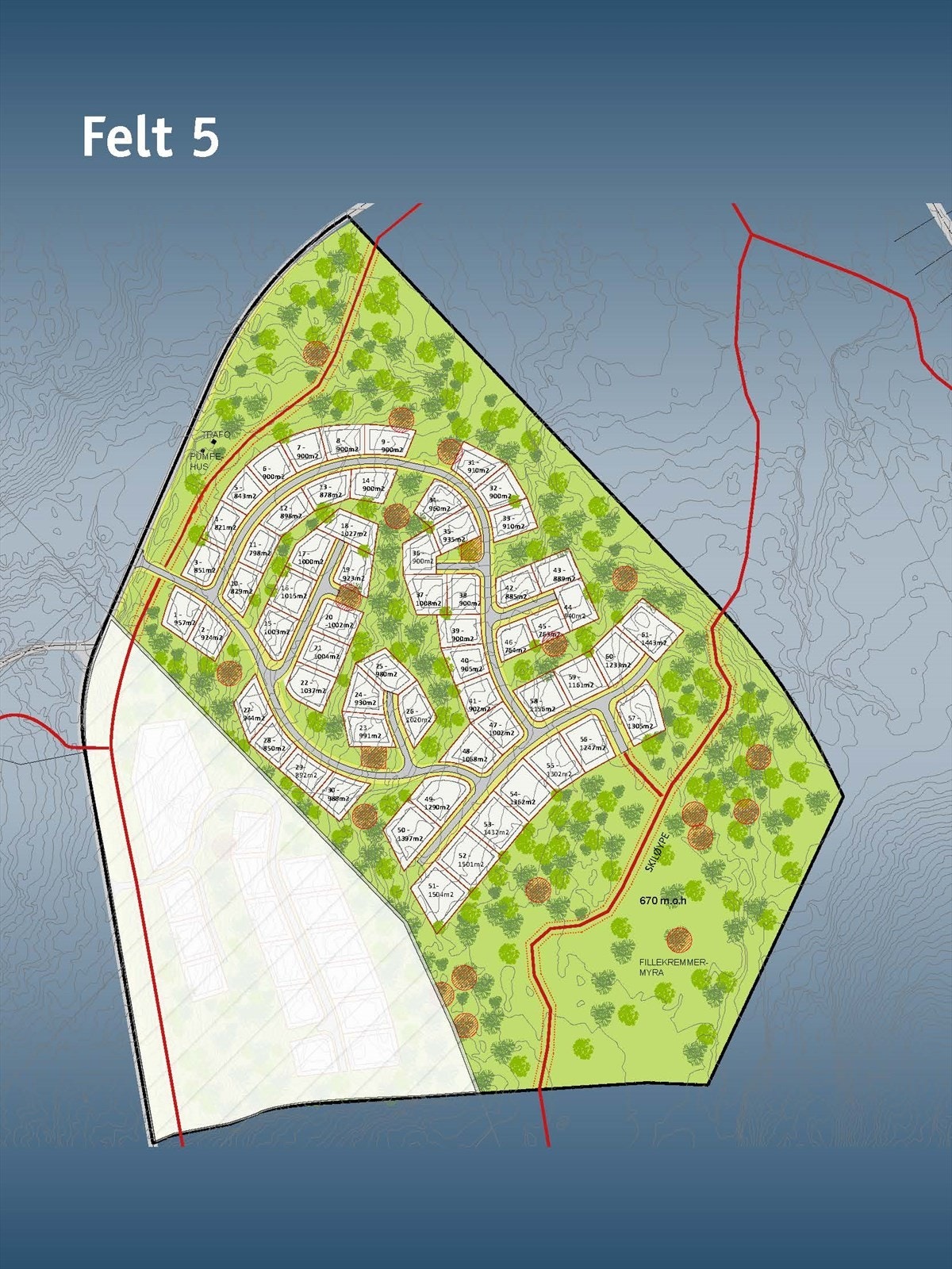 Oversiktskart over feltet med tomtenummerering og tomteareal Galleribilde