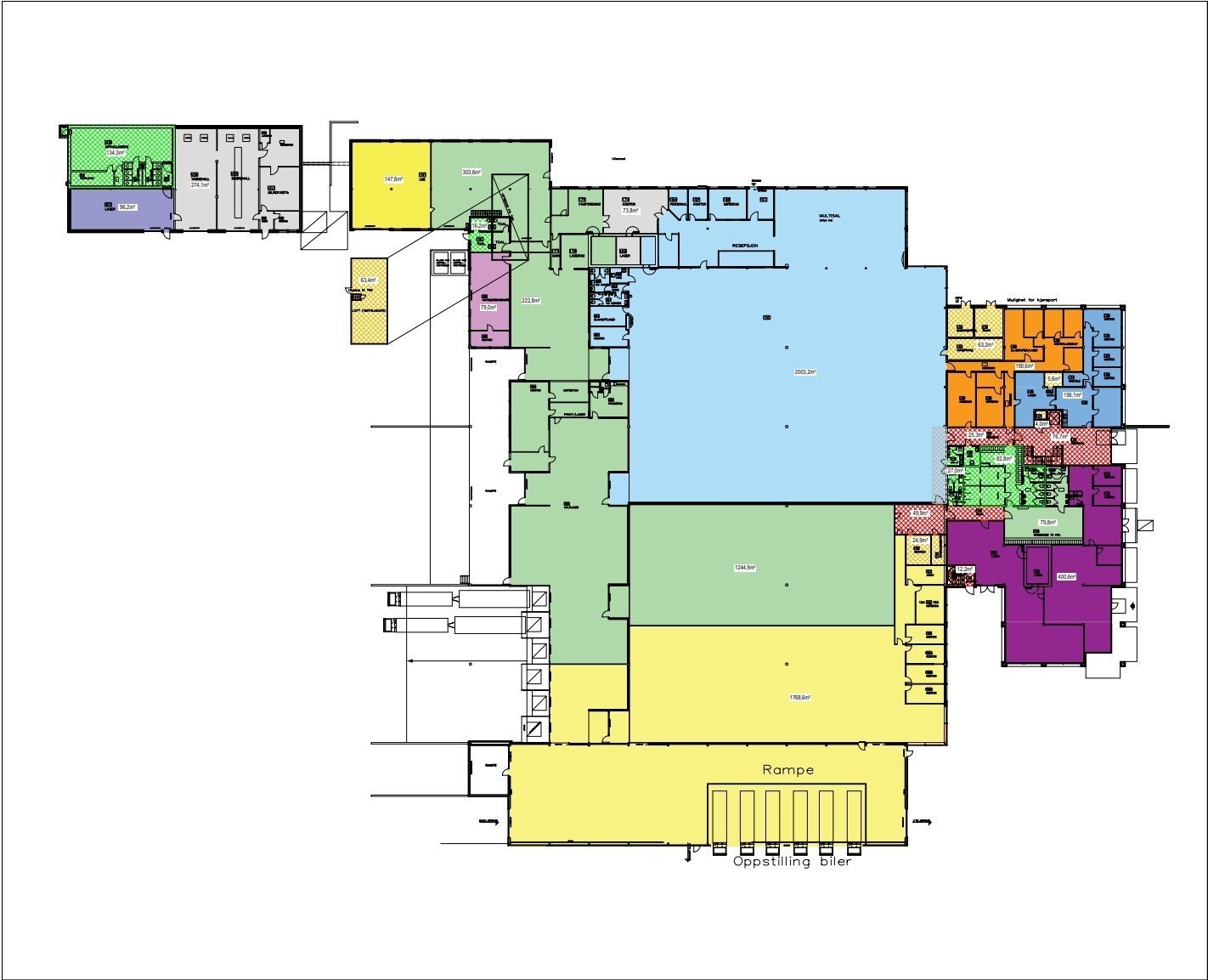 ca 2.400m2, inkl. andel fellesareal, i 1.etg. kan leies ut som aktivitetshall, lager, logistikk osv. 6m takhøyde. Tidligere leid ut til PDL senter. (lyseblått areal på tegningen) Galleribilde