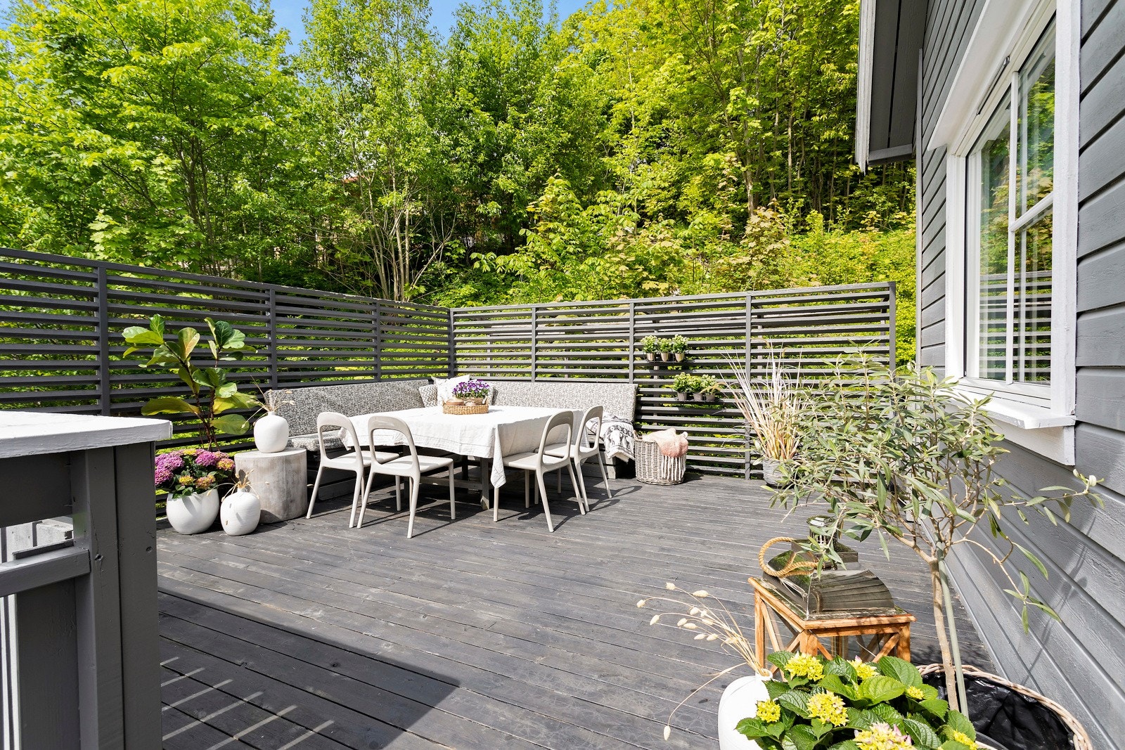 Sommerbilde / Stor usjenert meget solrik terrasse utenfor stuen - på terrassen sitter du helt usjenert Galleribilde