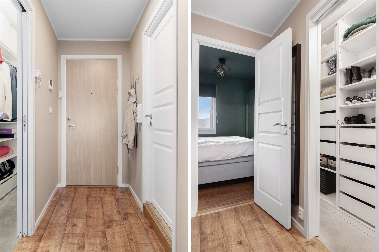 Vi ønsker velkommen inn! Entréen gir et godt førsteinntrykk av boligen og har direkte tilgang til en innvendig bod med skyvedør og praktisk garderobeløsning. Galleribilde