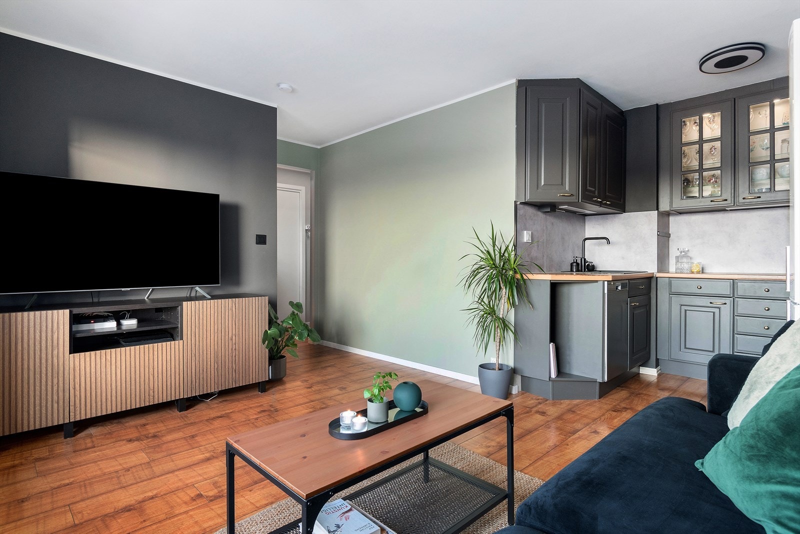 Stuen har flere møbleringsmuligheter. Her har det også tidligere vært innredet med spisebord. Galleribilde