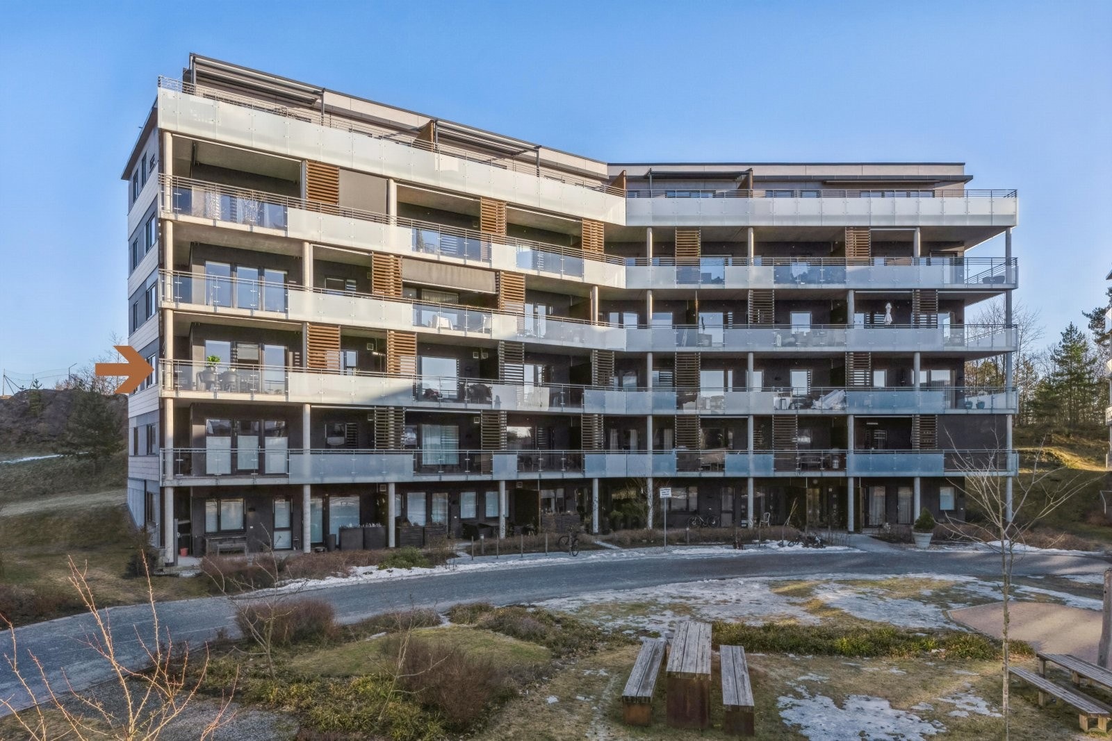 Leiligheten ligger fritt til på hjørnet av bygget Galleribilde
