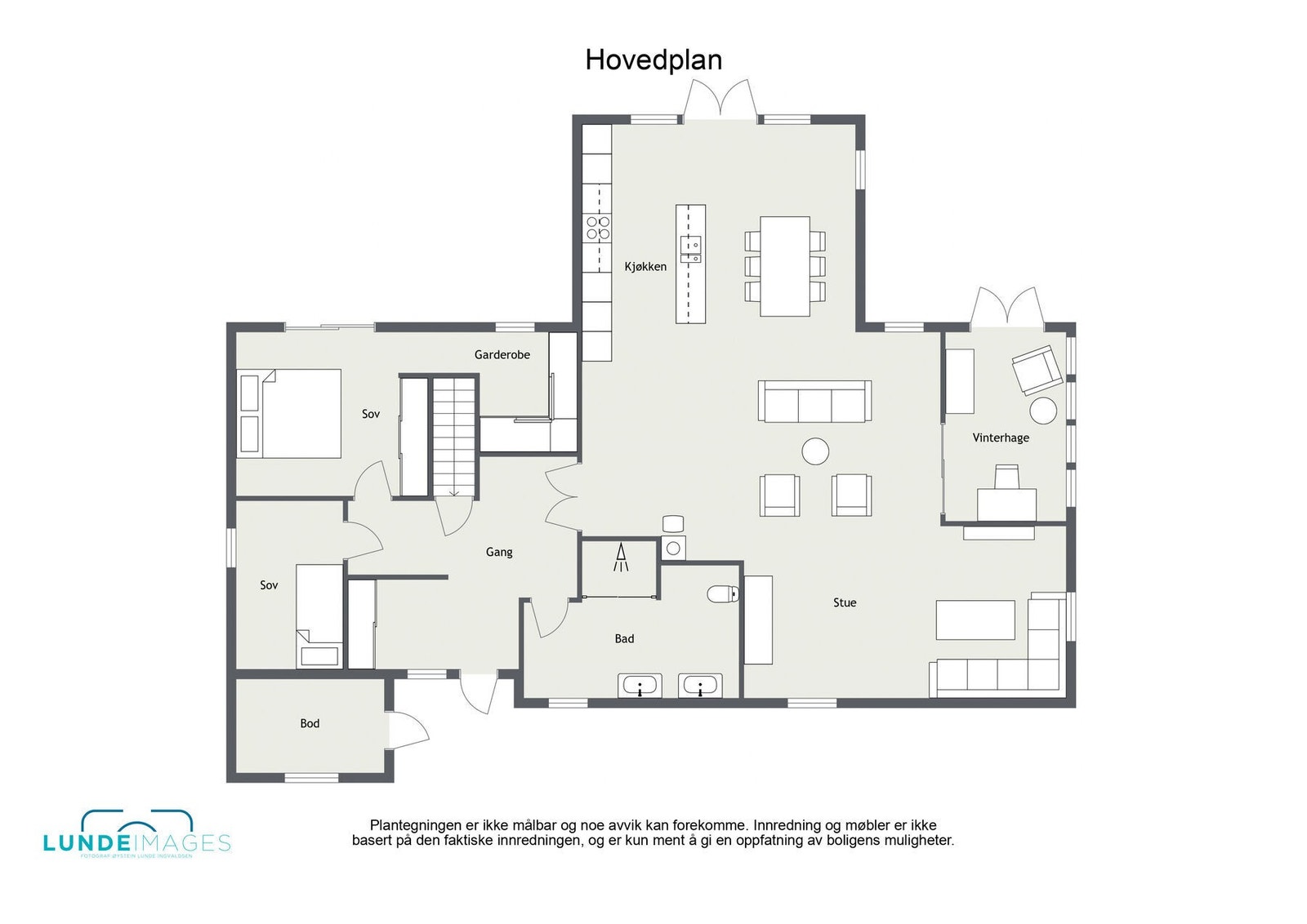 Plantegning hovedplan - ikke målbar - boligens hovedplan har et BRA-i på 141 kvm og BRA-e på 5 kvm. Galleribilde