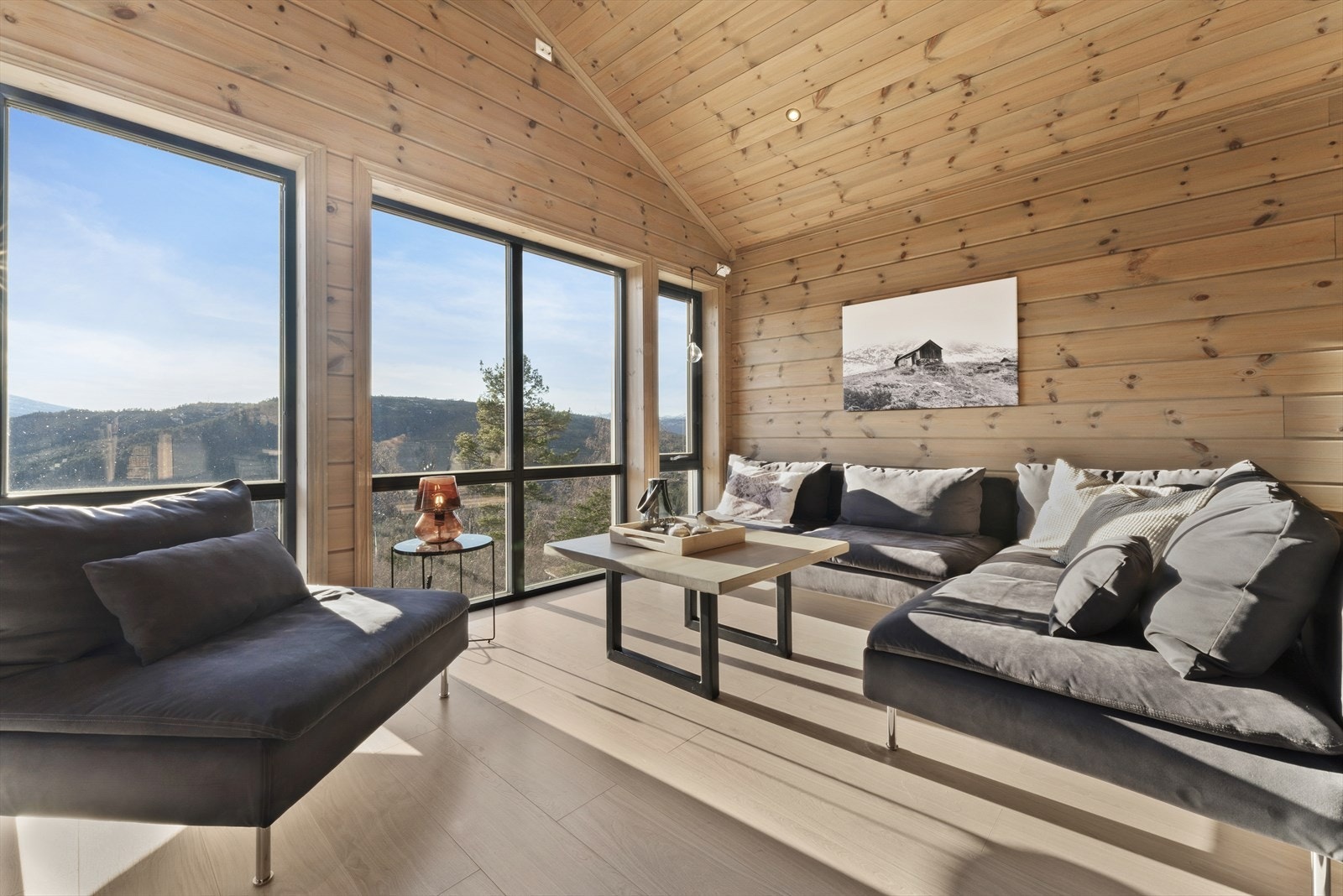 Store vindusflater gir mykje naturlig lys inn i stua Galleribilde