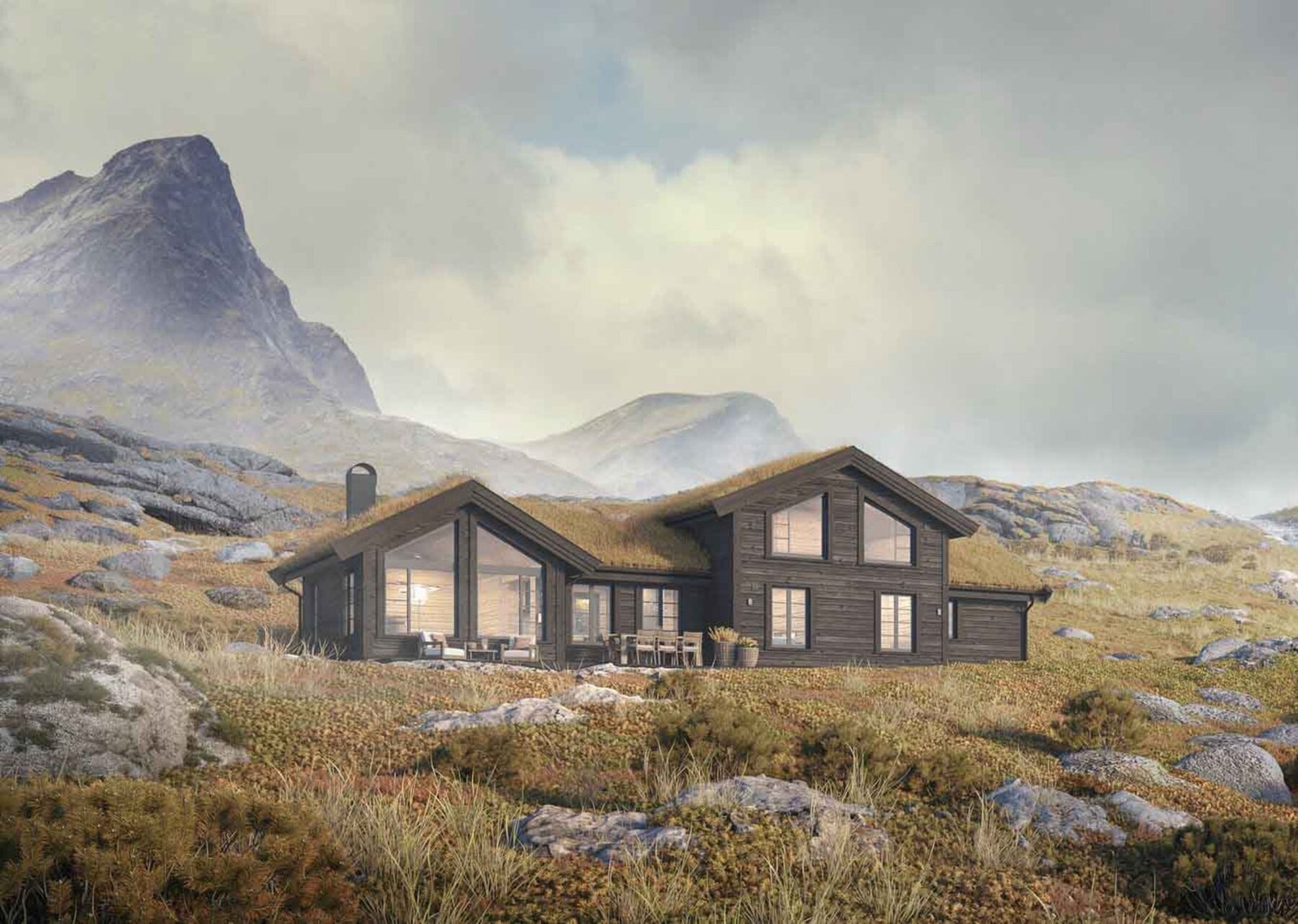 Rognli panorama med oppstue.
Romslig familiehytte. Illustrasjon Galleribilde