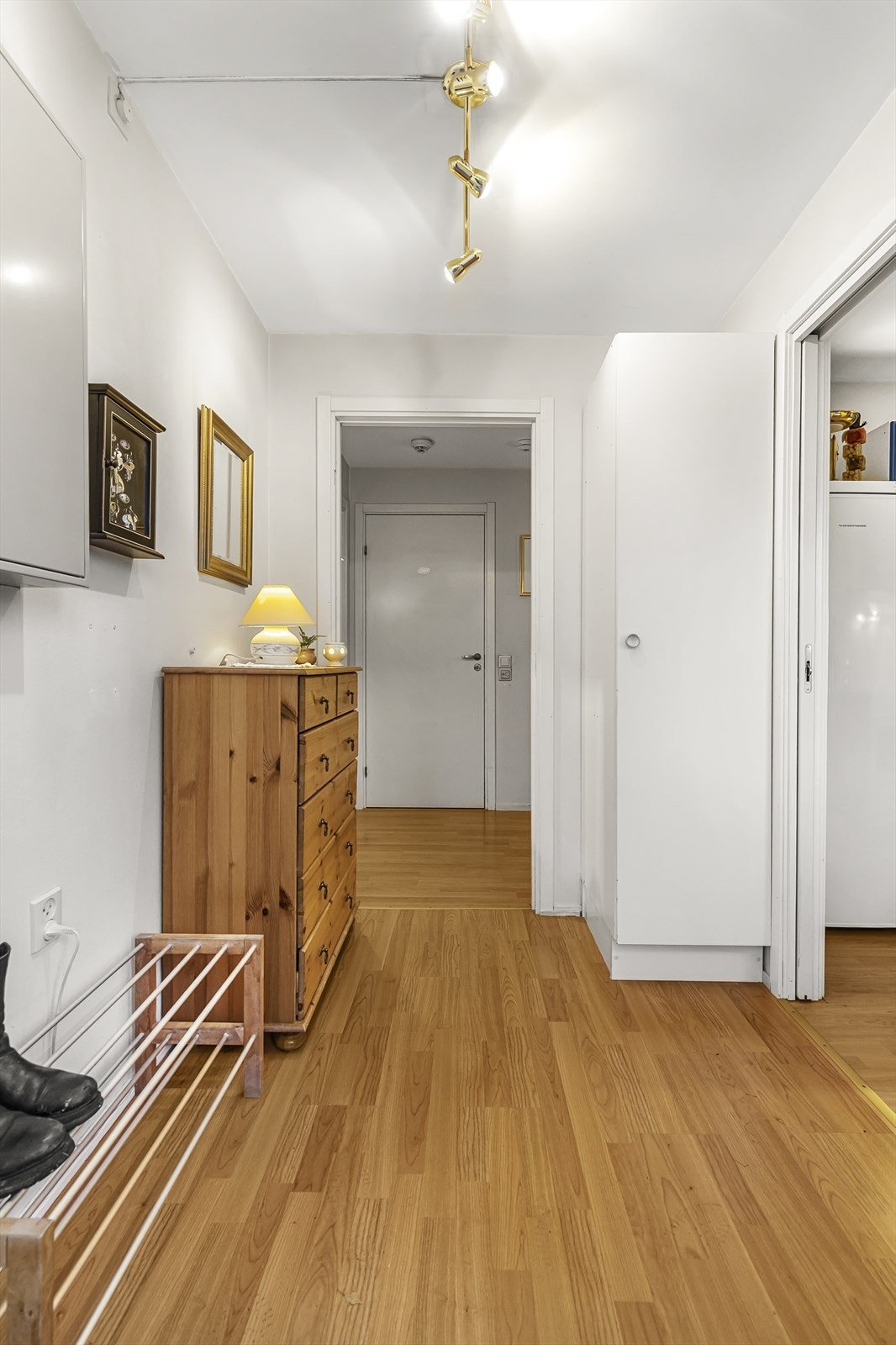 Velkommen inn! Yttertøyet henger du fra deg i medfølgende garderobeskap, og det er plass til skohyller for oppbevaring av sko. Galleribilde